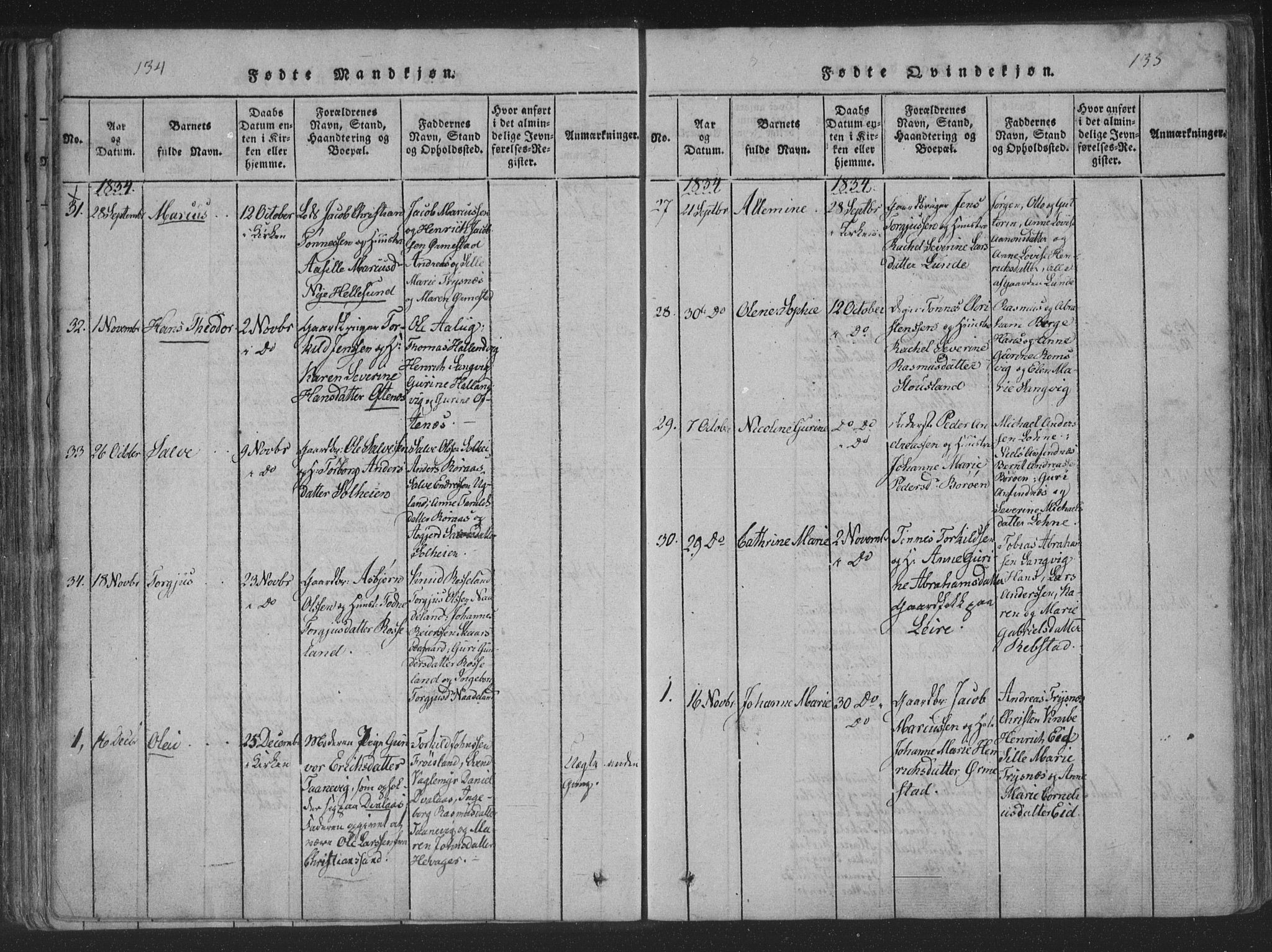 Søgne sokneprestkontor, SAK/1111-0037/F/Fa/Fab/L0008: Parish register (official) no. A 8, 1821-1838, p. 134-135