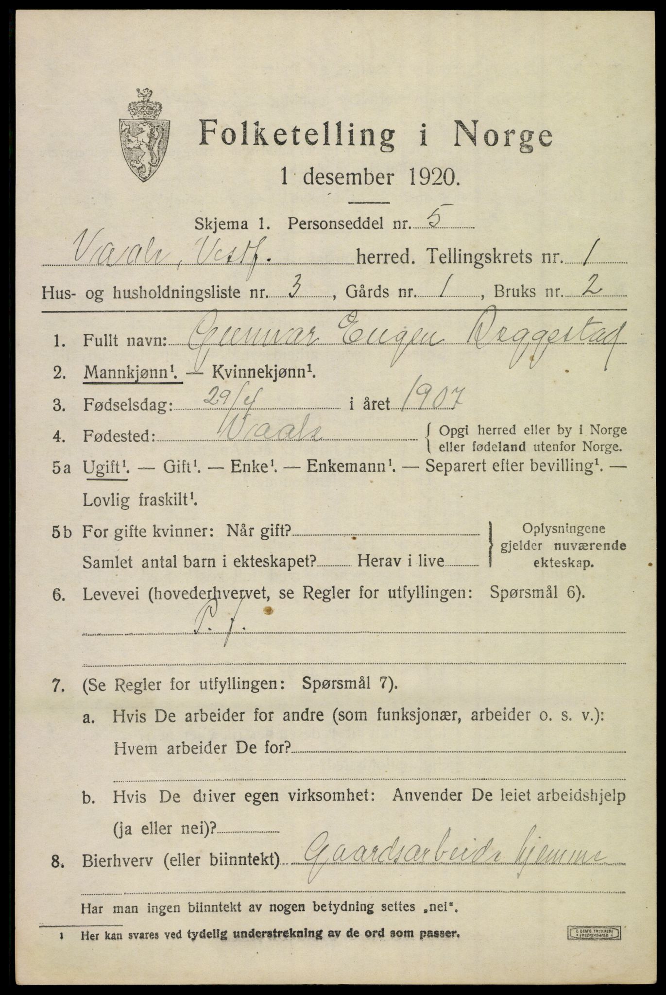 SAKO, 1920 census for Våle, 1920, p. 1108