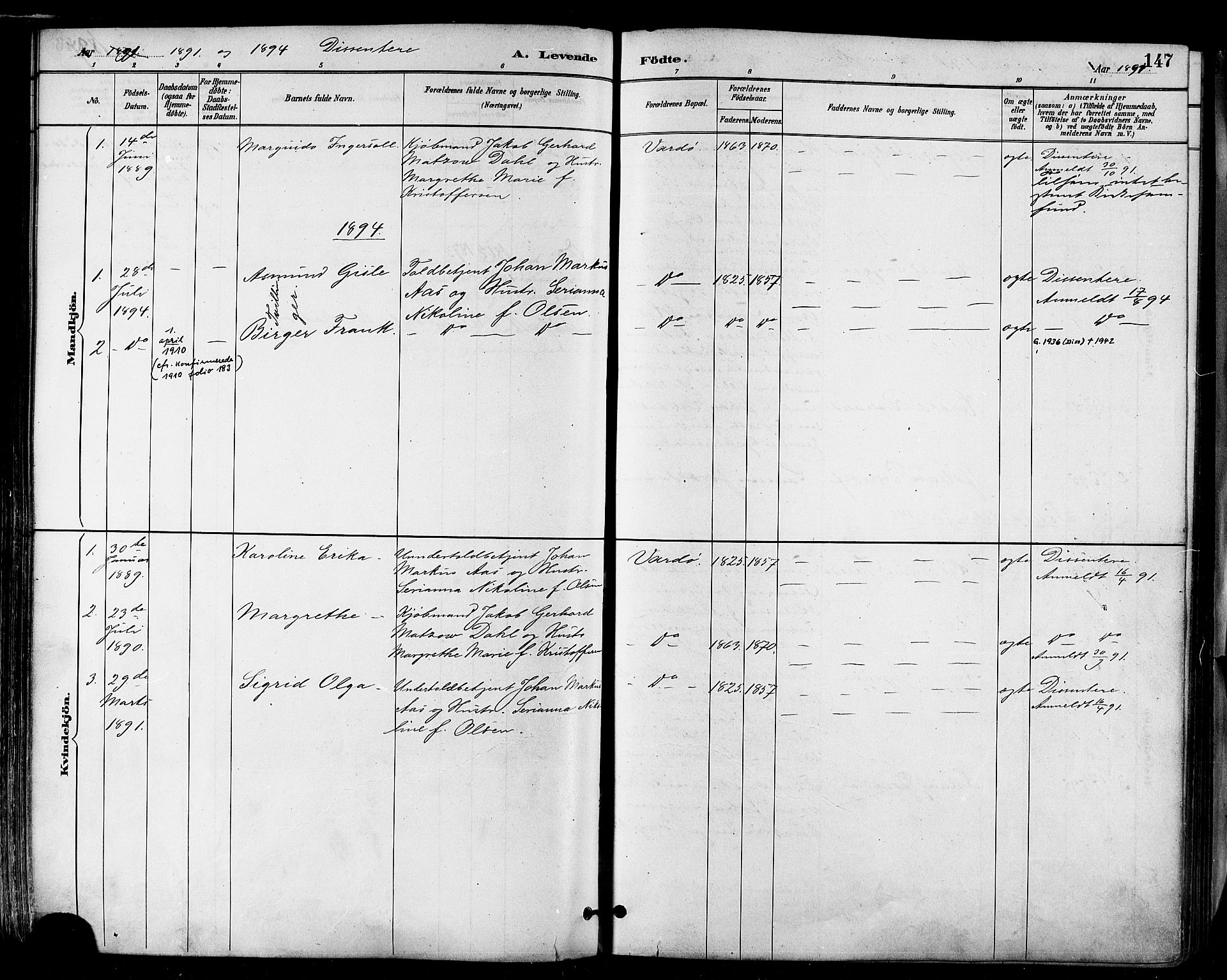 Vardø sokneprestkontor, AV/SATØ-S-1332/H/Ha/L0007kirke: Parish register (official) no. 7, 1886-1897, p. 147