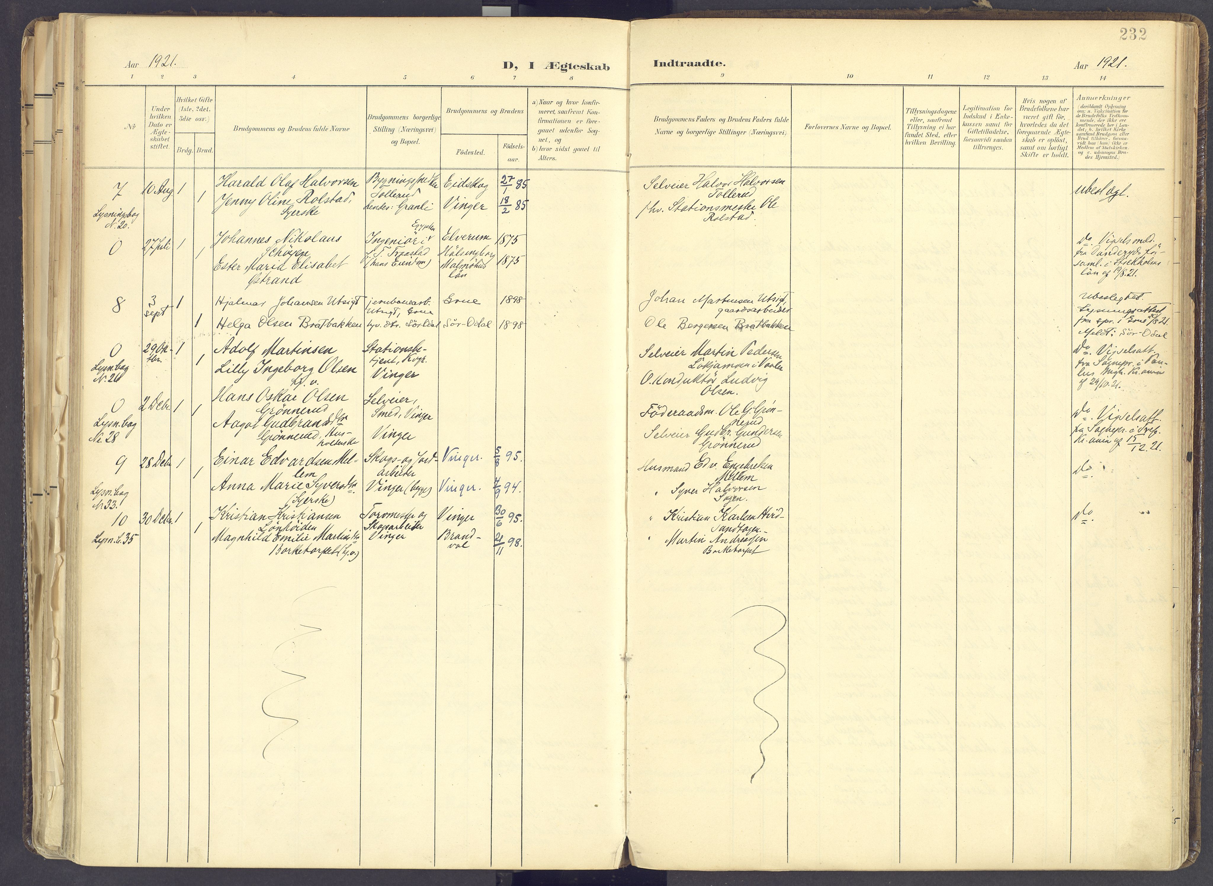 Vinger prestekontor, AV/SAH-PREST-024/H/Ha/Haa/L0017: Parish register (official) no. 17, 1901-1927, p. 232