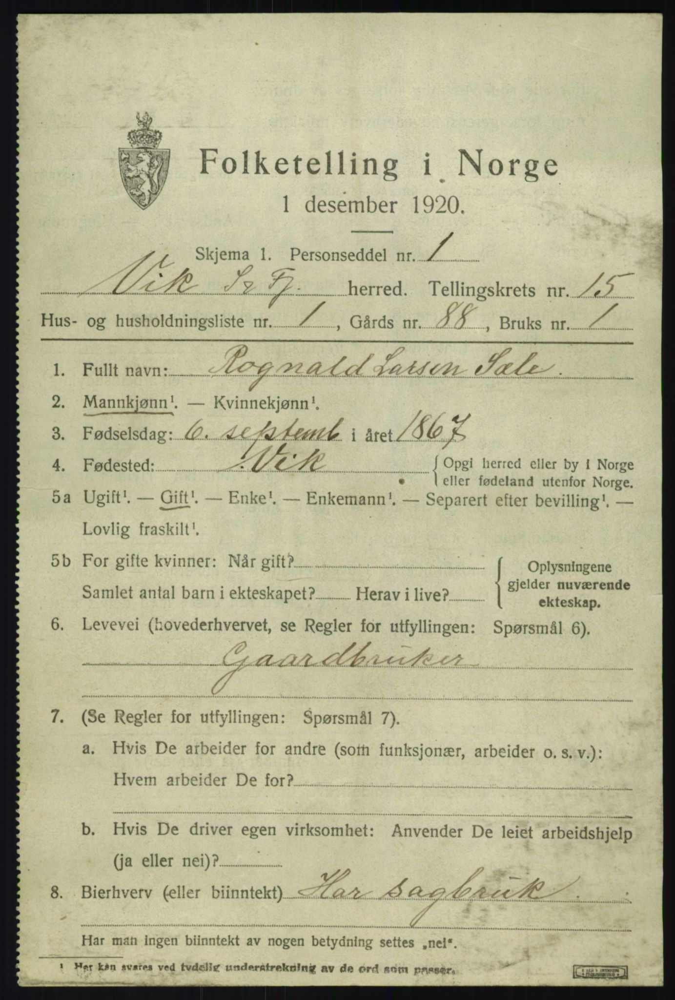 SAB, 1920 census for Vik, 1920, p. 7721