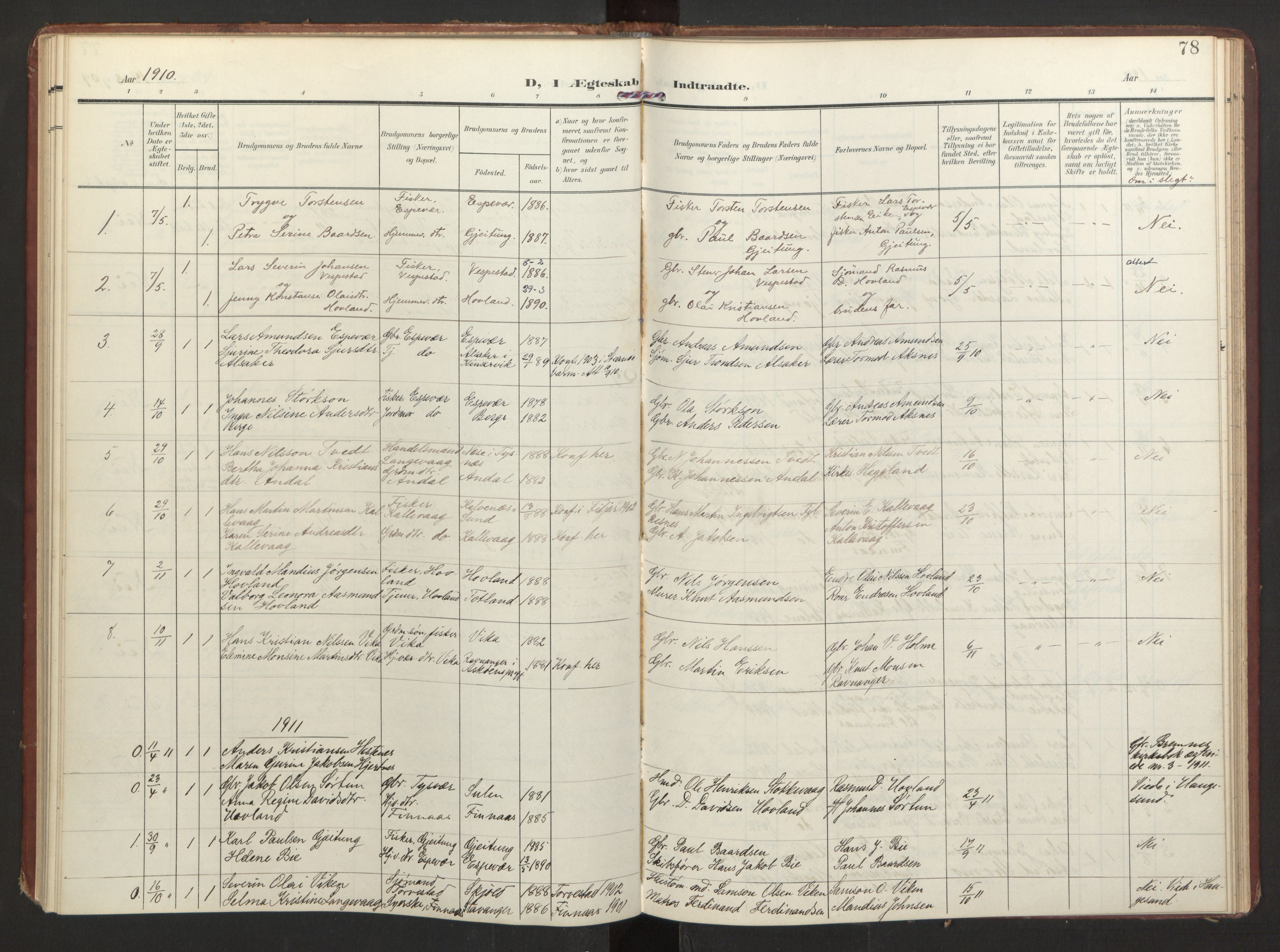 Finnås sokneprestembete, SAB/A-99925/H/Ha/Haa/Haad/L0003: Parish register (official) no. D 3, 1907-1921, p. 78