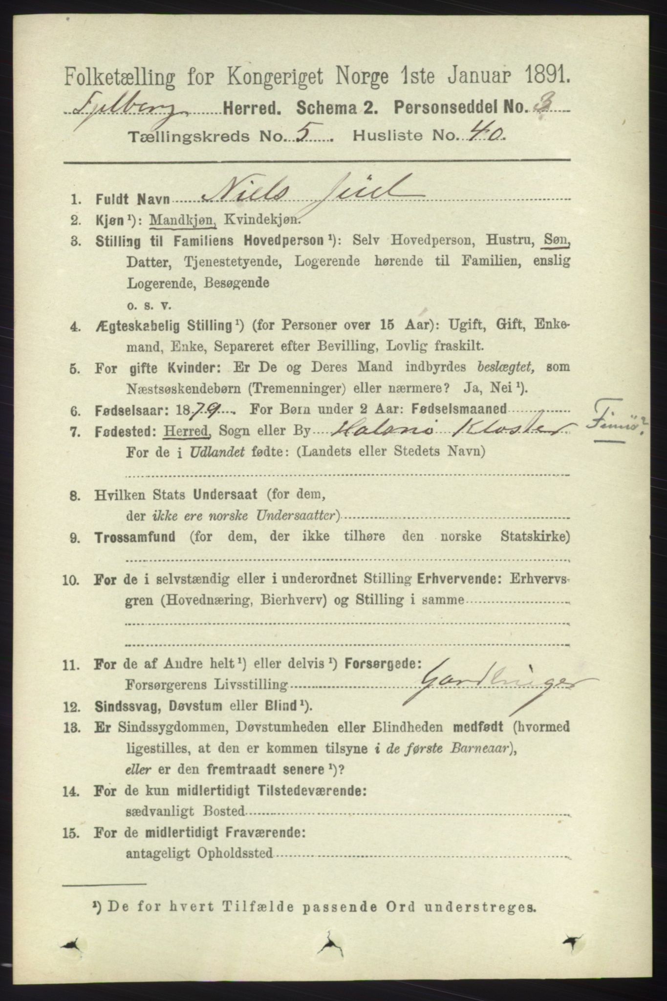 RA, 1891 census for 1213 Fjelberg, 1891, p. 1707