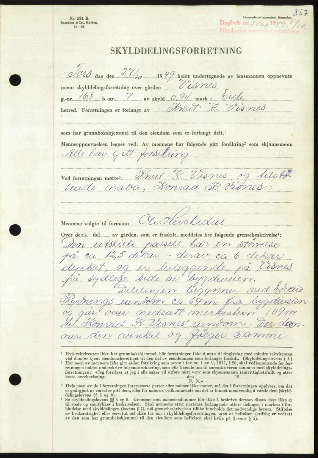 Nordmøre sorenskriveri, AV/SAT-A-4132/1/2/2Ca: Mortgage book no. A113, 1949-1950, Diary no: : 3460/1949