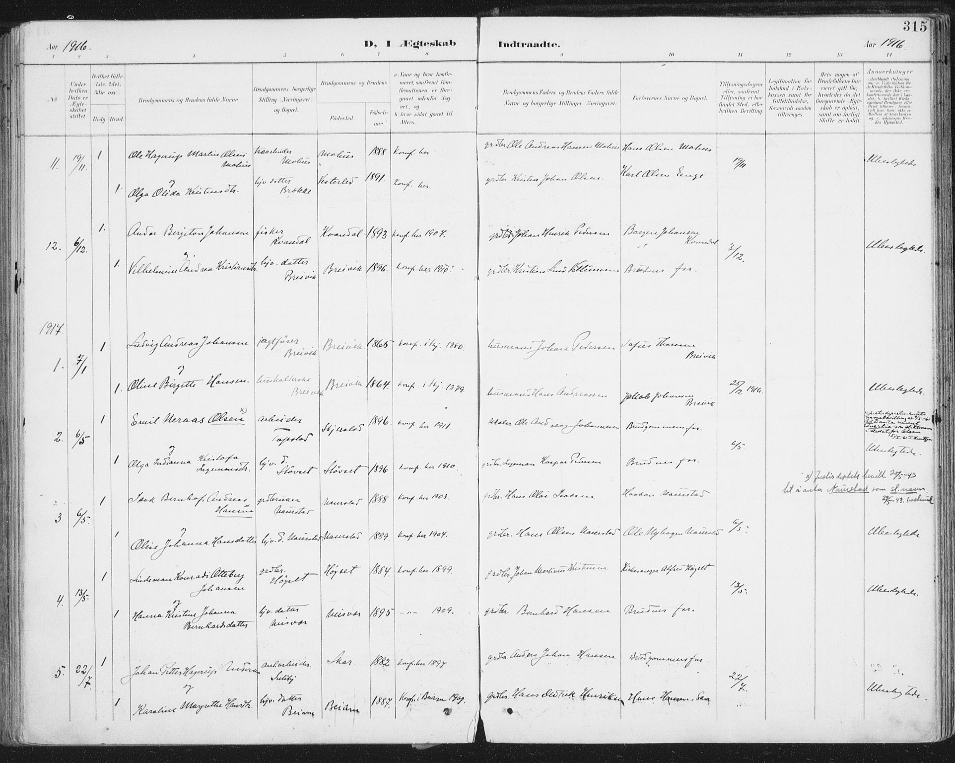 Ministerialprotokoller, klokkerbøker og fødselsregistre - Nordland, SAT/A-1459/852/L0741: Parish register (official) no. 852A11, 1894-1917, p. 315