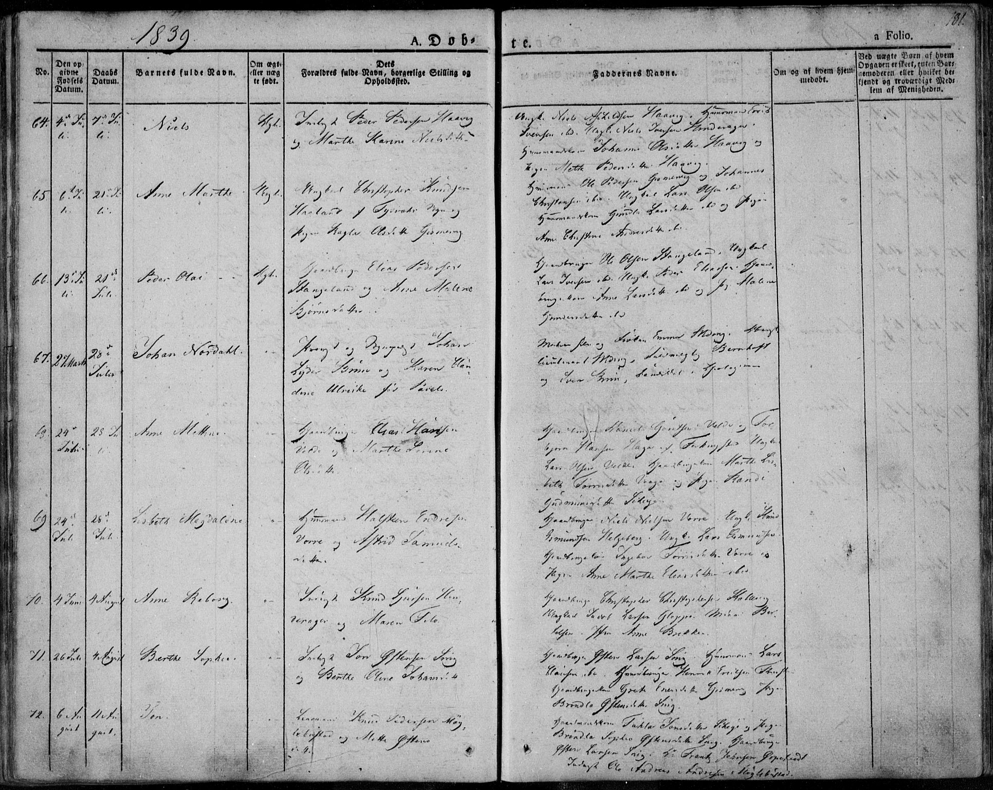 Avaldsnes sokneprestkontor, SAST/A -101851/H/Ha/Haa/L0005: Parish register (official) no. A 5.1, 1825-1841, p. 181
