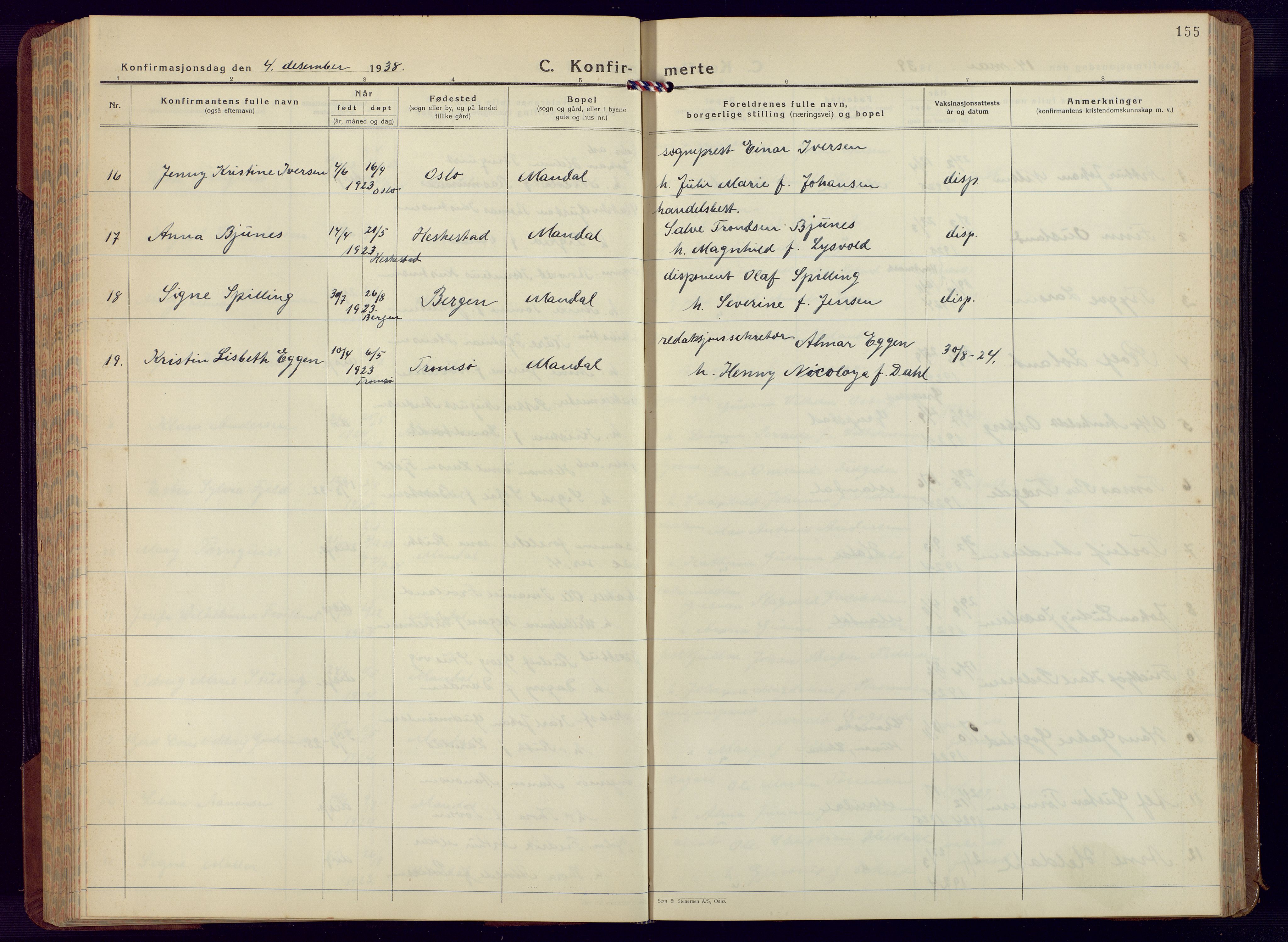 Mandal sokneprestkontor, AV/SAK-1111-0030/F/Fb/Fbc/L0002: Parish register (copy) no. B 2, 1931-1949, p. 155