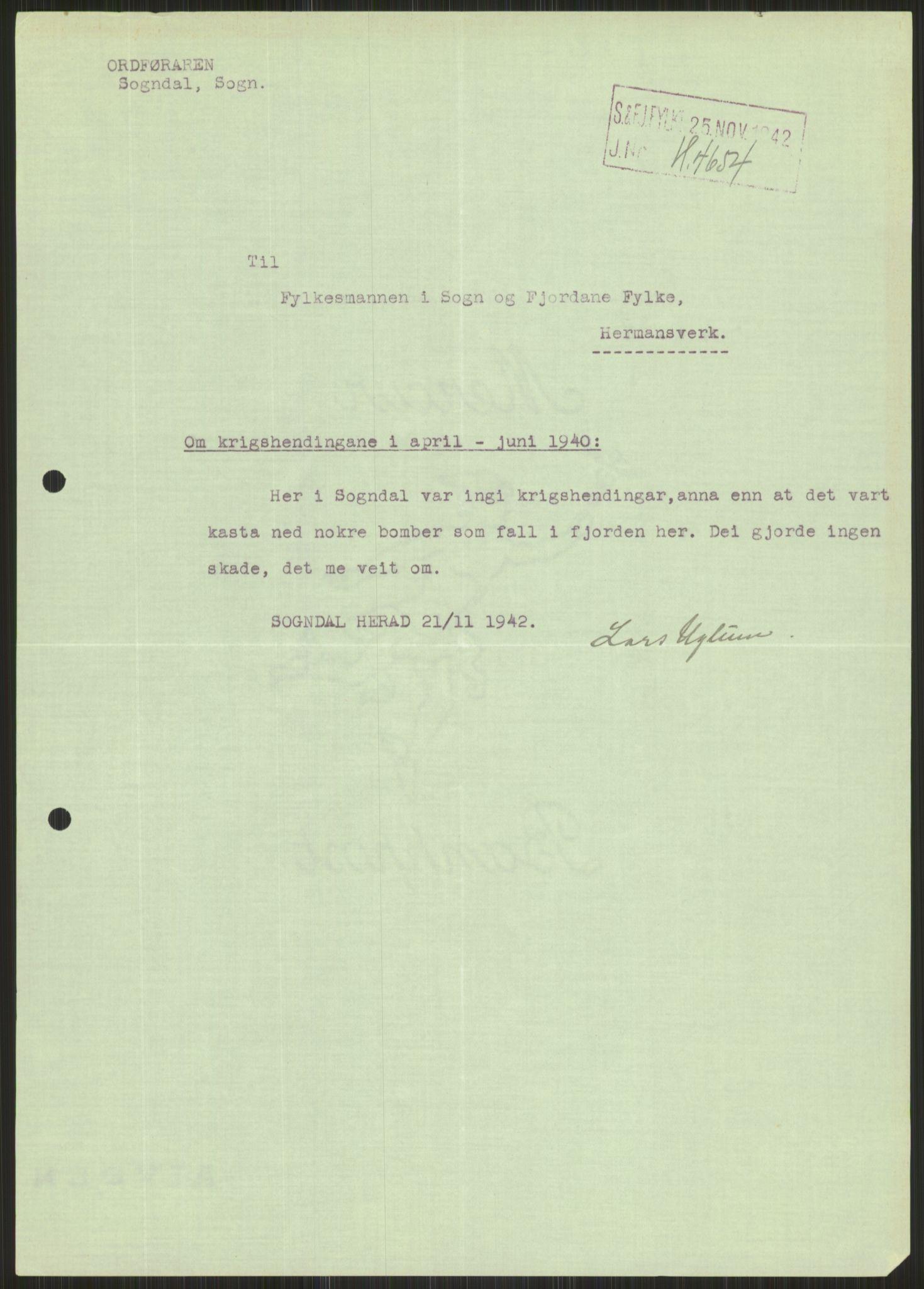 Forsvaret, Forsvarets krigshistoriske avdeling, AV/RA-RAFA-2017/Y/Ya/L0015: II-C-11-31 - Fylkesmenn.  Rapporter om krigsbegivenhetene 1940., 1940, p. 570