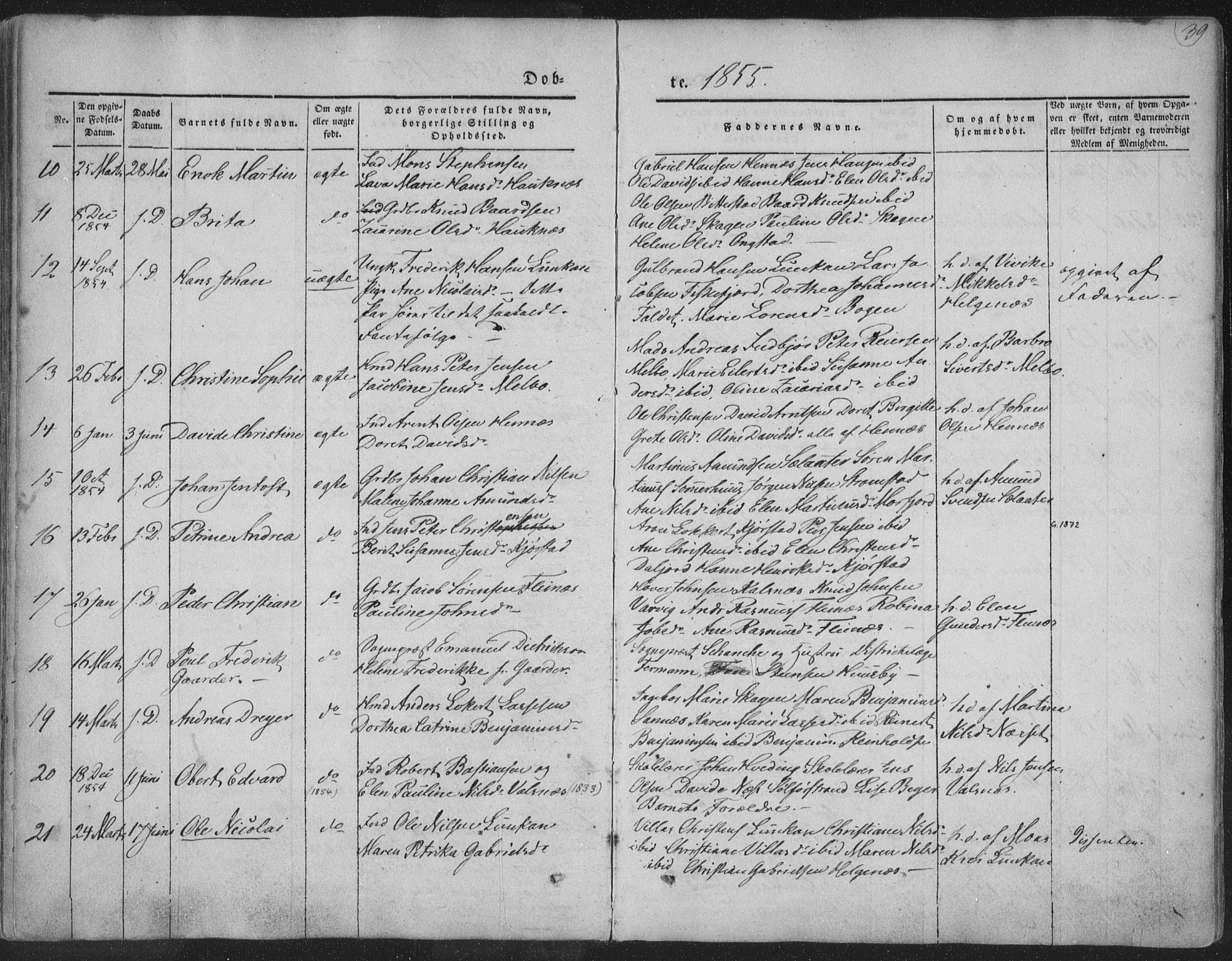 Ministerialprotokoller, klokkerbøker og fødselsregistre - Nordland, AV/SAT-A-1459/888/L1241: Parish register (official) no. 888A07, 1849-1869, p. 39