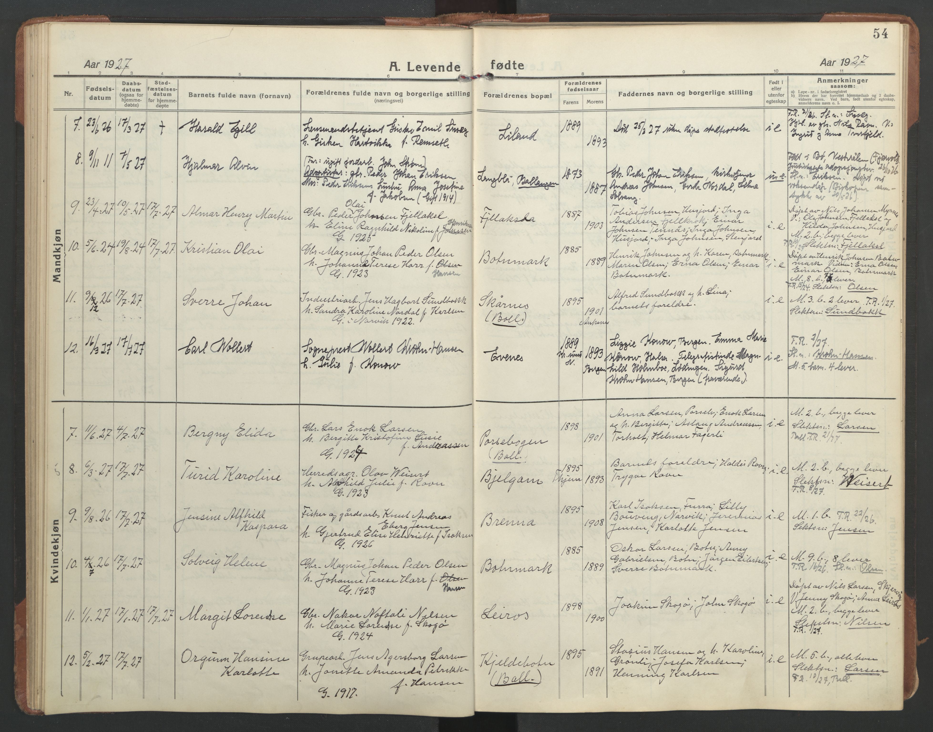 Ministerialprotokoller, klokkerbøker og fødselsregistre - Nordland, AV/SAT-A-1459/863/L0919: Parish register (copy) no. 863C09, 1921-1941, p. 54