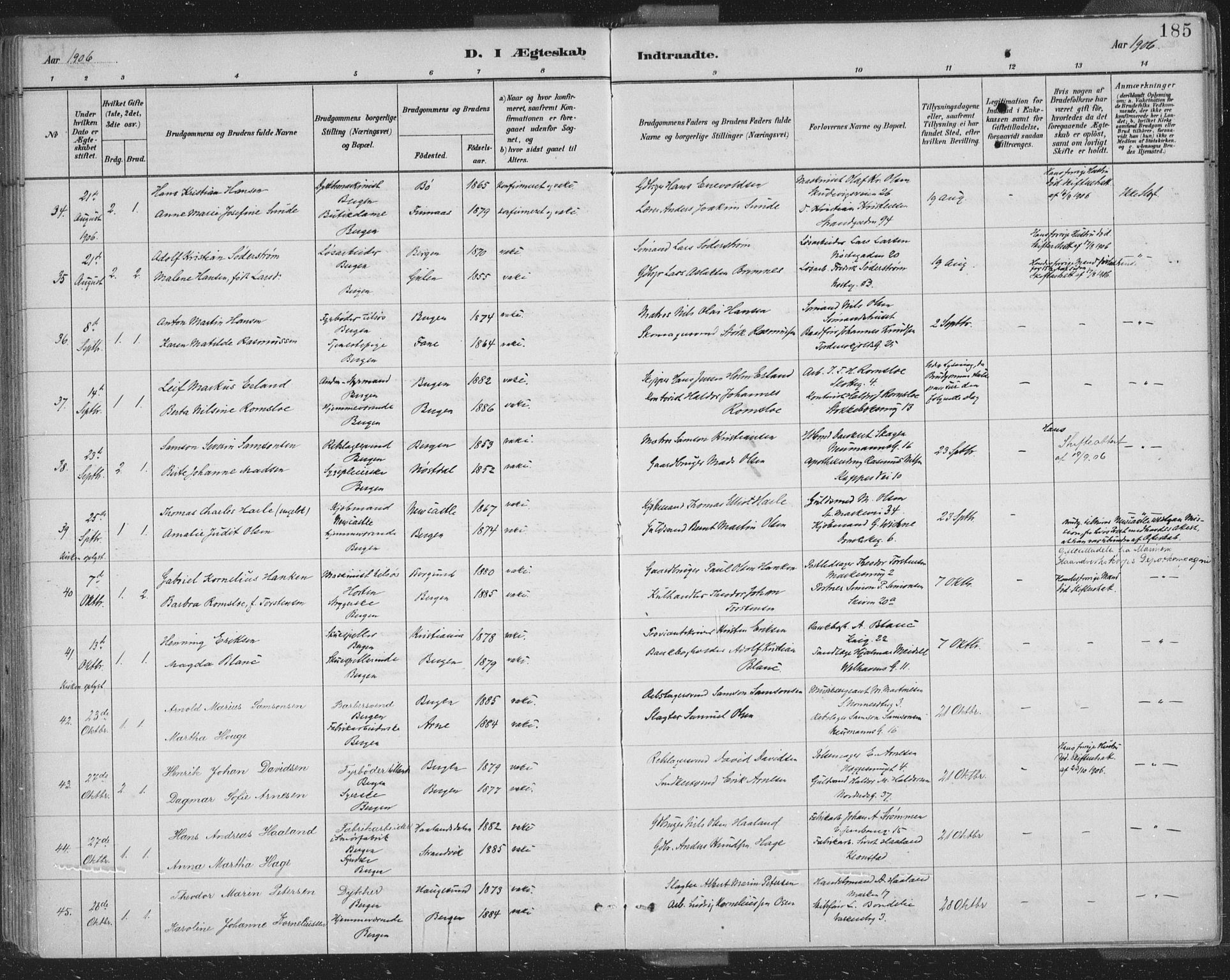 Domkirken sokneprestembete, SAB/A-74801/H/Hab/L0032: Parish register (copy) no. D 4, 1880-1907, p. 185