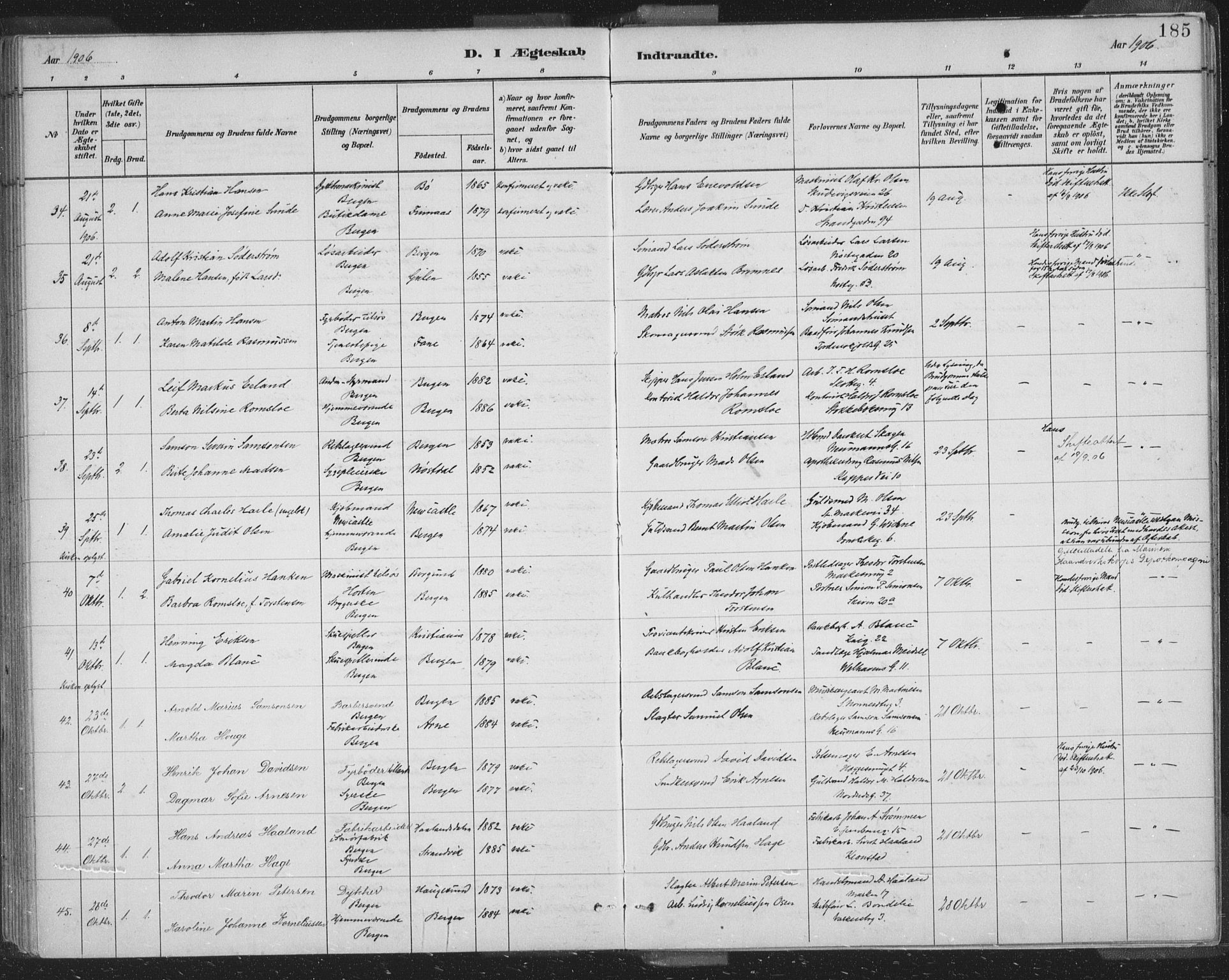 Domkirken sokneprestembete, AV/SAB-A-74801/H/Hab/L0032: Parish register (copy) no. D 4, 1880-1907, p. 185