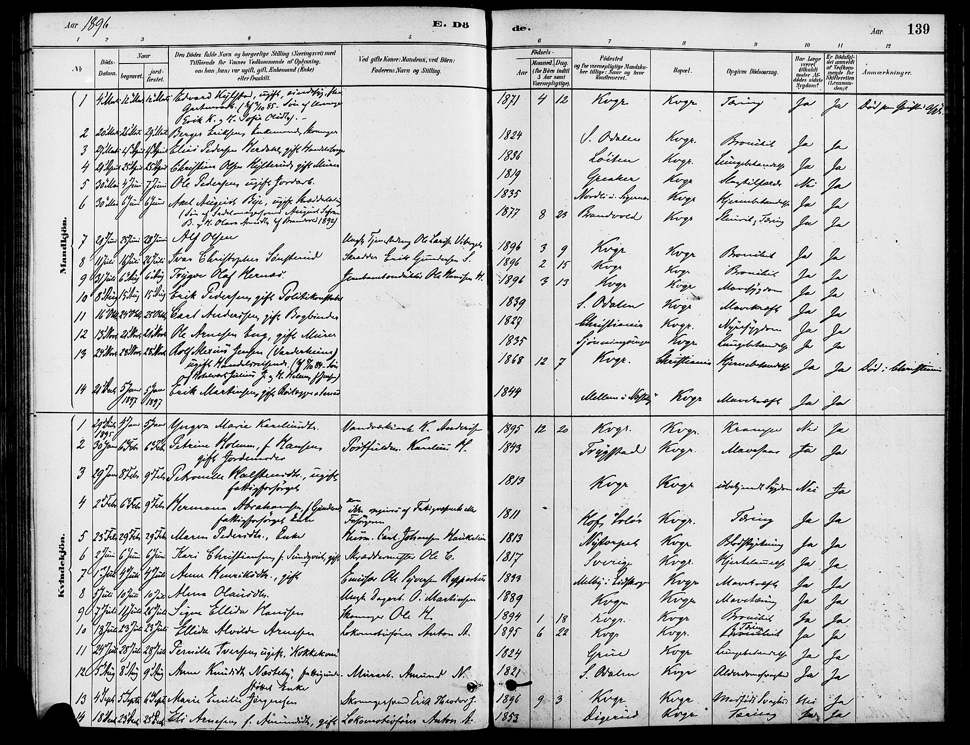 Vinger prestekontor, SAH/PREST-024/H/Ha/Haa/L0013: Parish register (official) no. 13, 1881-1897, p. 139