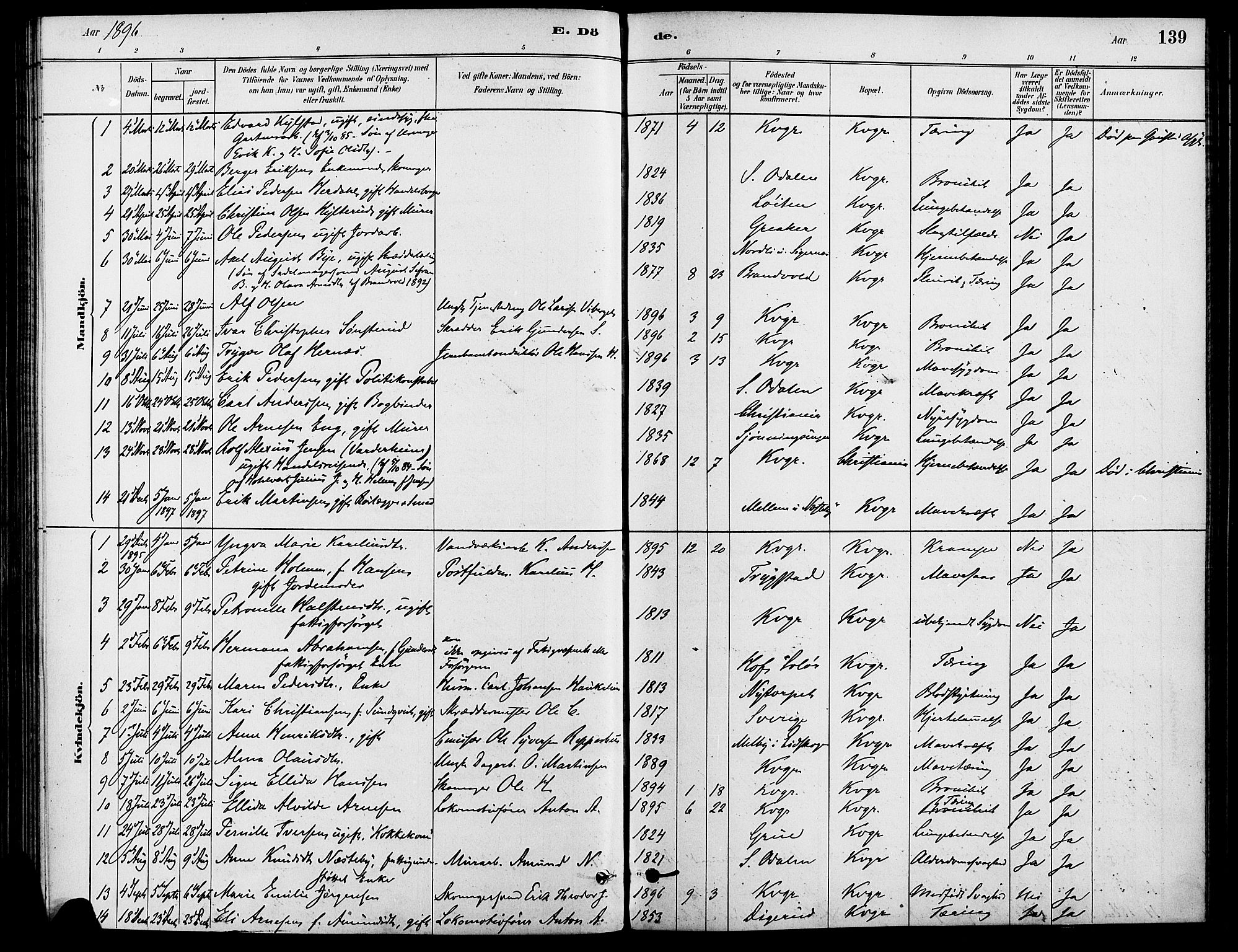 Vinger prestekontor, AV/SAH-PREST-024/H/Ha/Haa/L0013: Parish register (official) no. 13, 1881-1897, p. 139