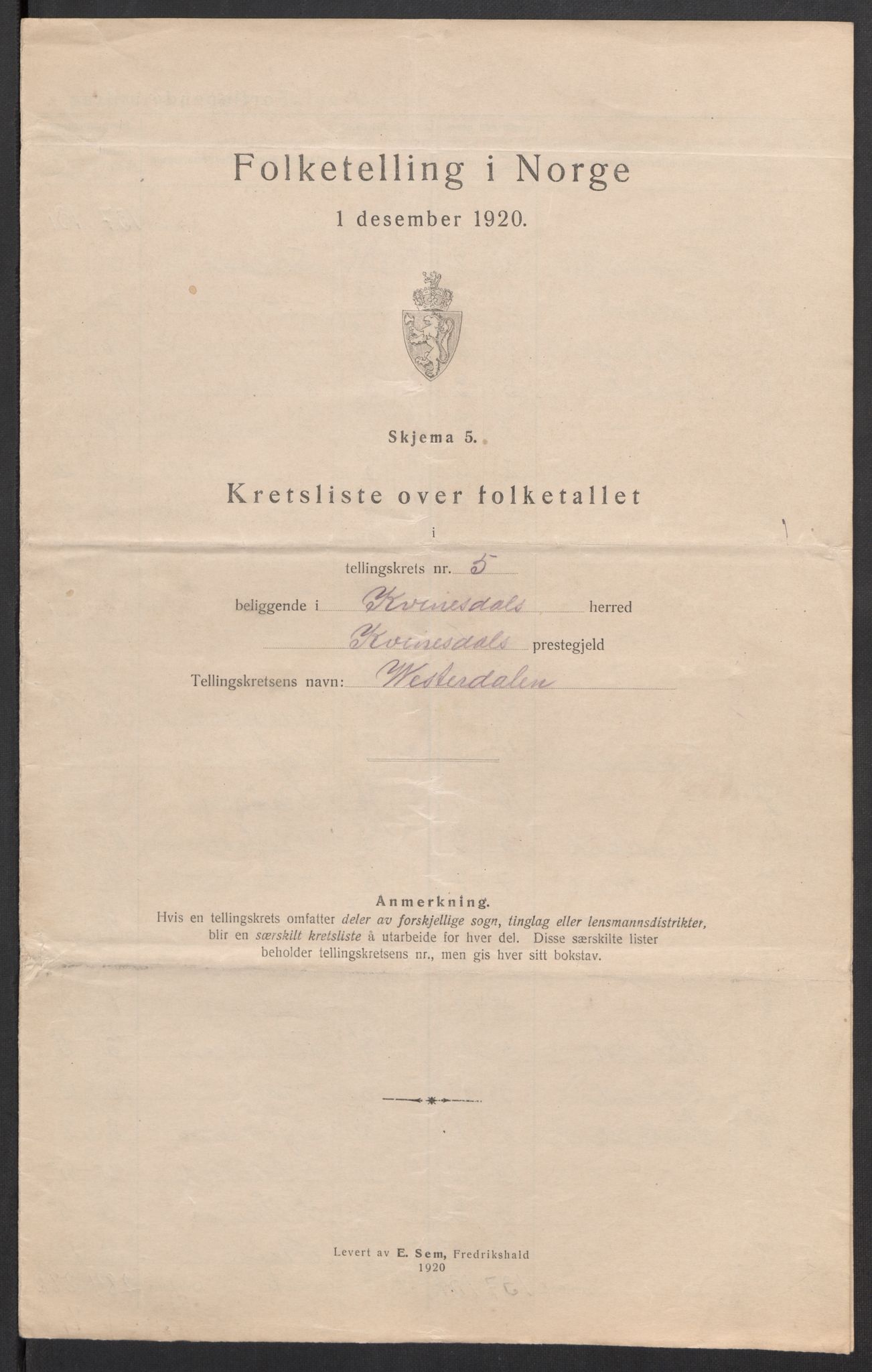 SAK, 1920 census for Kvinesdal, 1920, p. 27