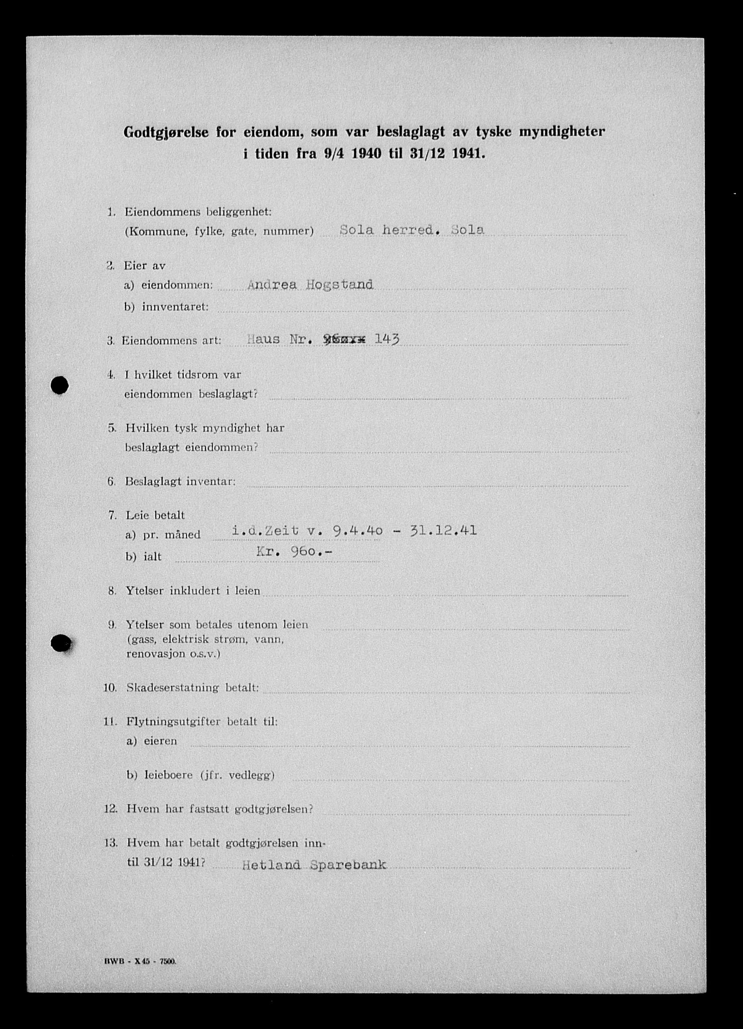 Justisdepartementet, Tilbakeføringskontoret for inndratte formuer, AV/RA-S-1564/I/L1014: Godtgjørelse for beslaglagt eiendom, 1940-1941, p. 335