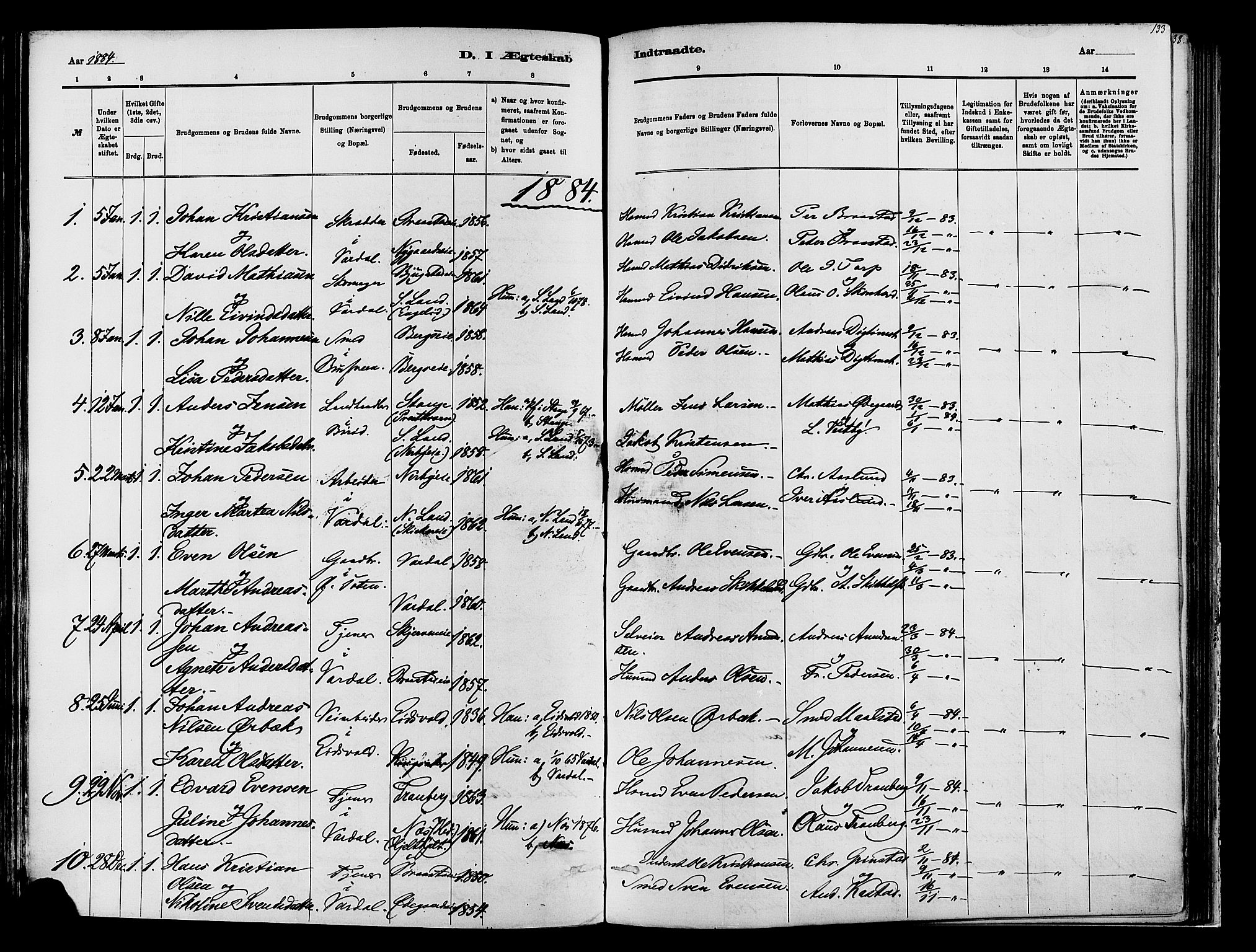 Vardal prestekontor, SAH/PREST-100/H/Ha/Haa/L0009: Parish register (official) no. 9, 1878-1892, p. 133