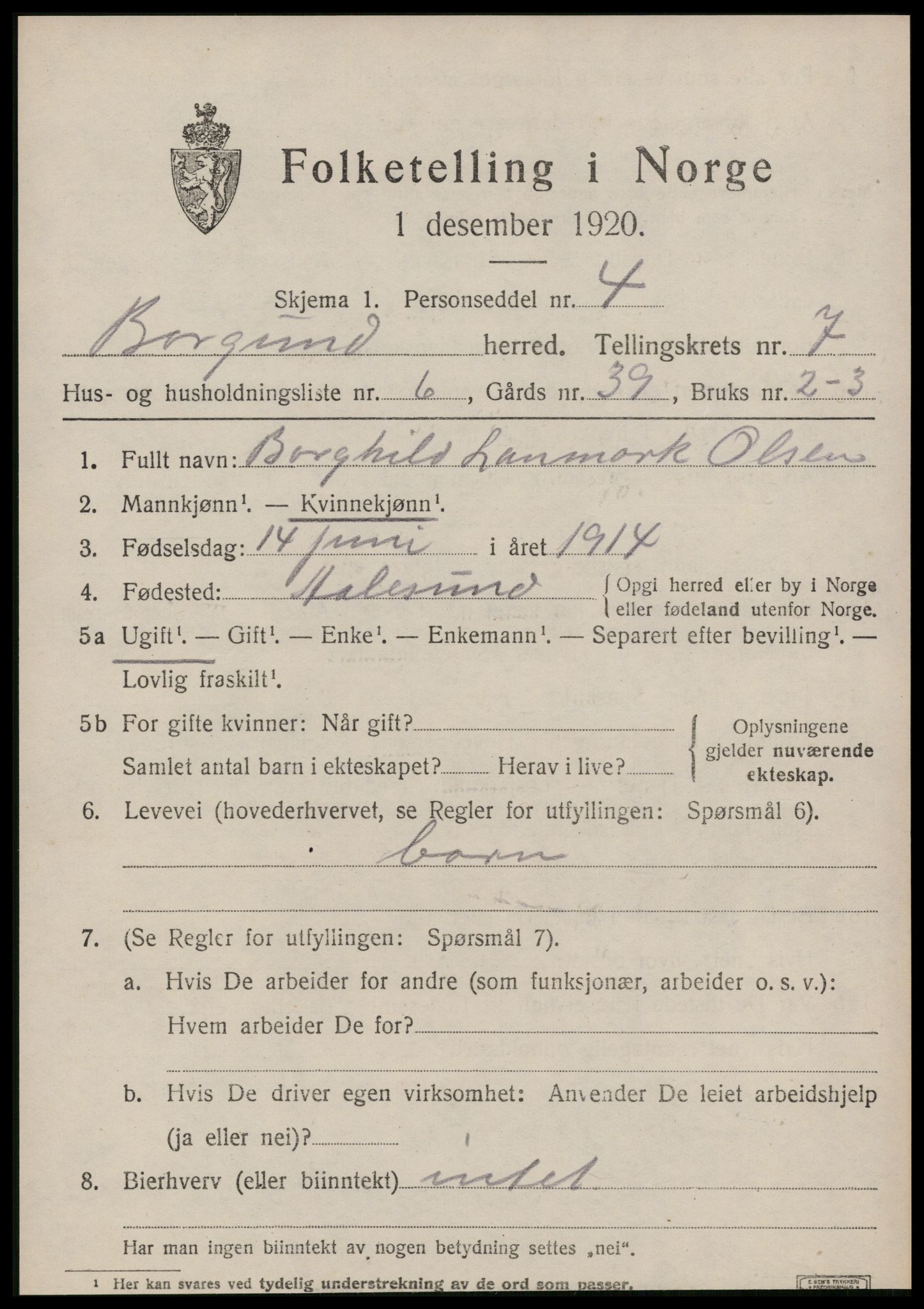 SAT, 1920 census for Borgund, 1920, p. 6054
