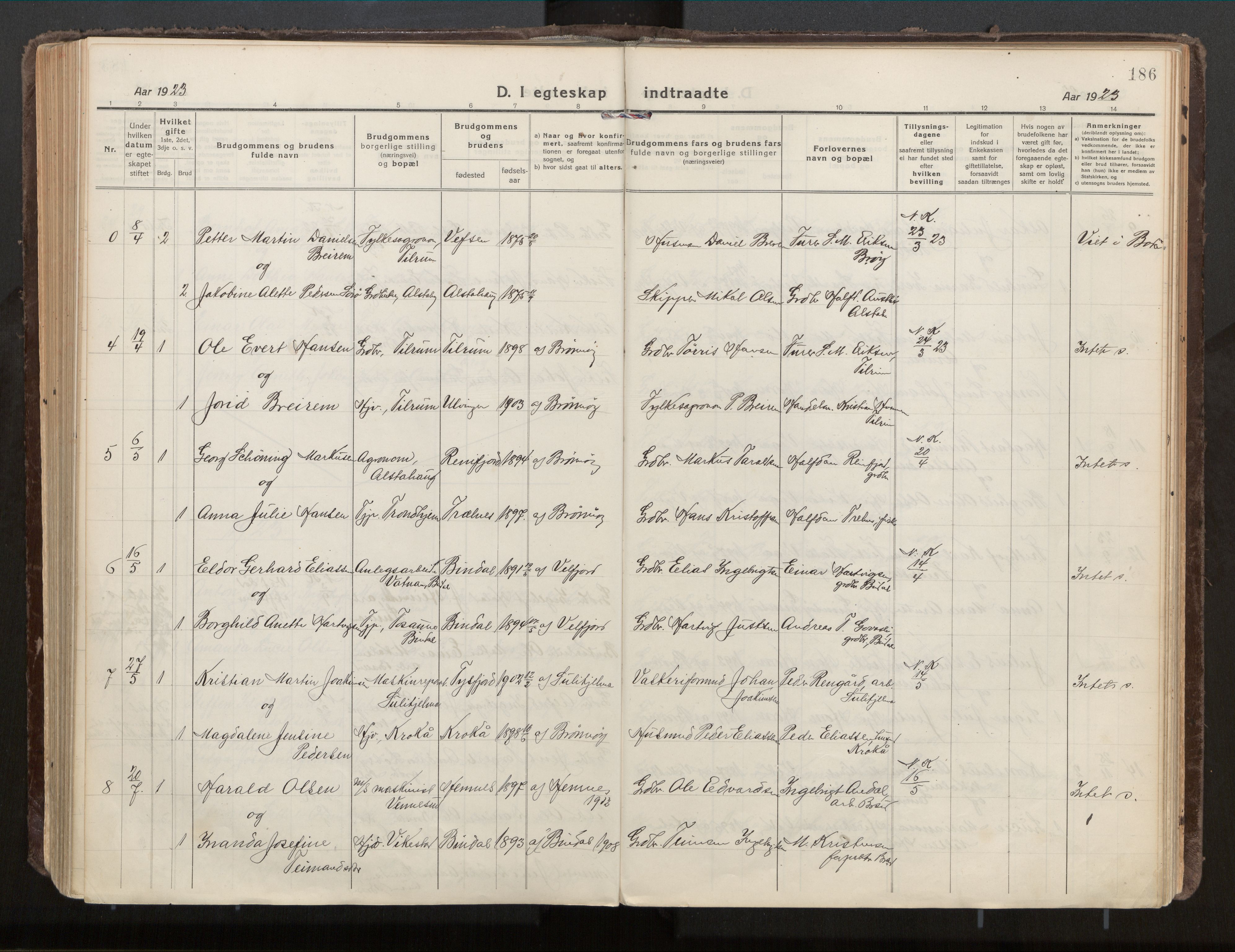Ministerialprotokoller, klokkerbøker og fødselsregistre - Nordland, SAT/A-1459/813/L0207a: Parish register (official) no. 813A18, 1919-1927, p. 186