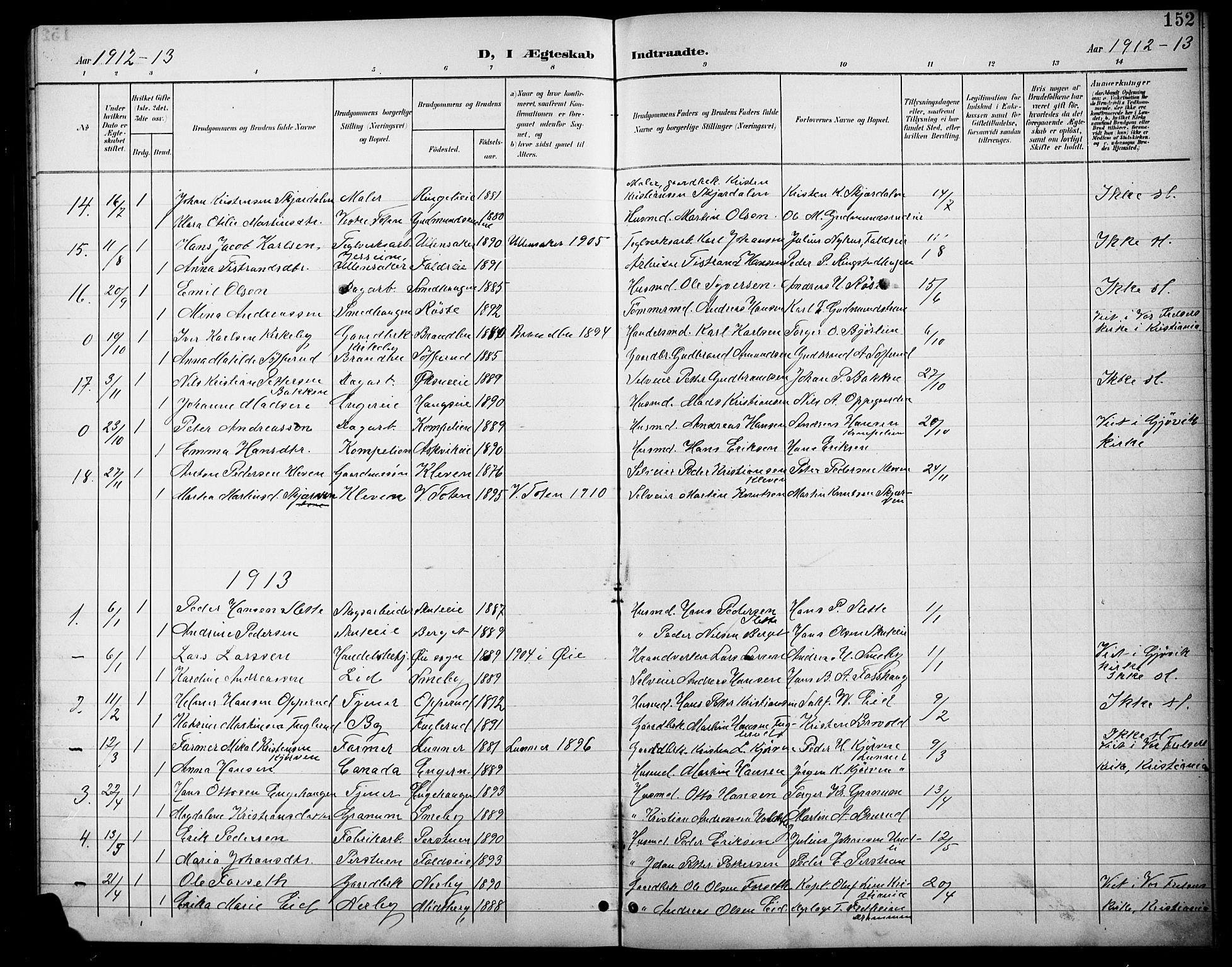 Søndre Land prestekontor, AV/SAH-PREST-122/L/L0004: Parish register (copy) no. 4, 1901-1915, p. 152