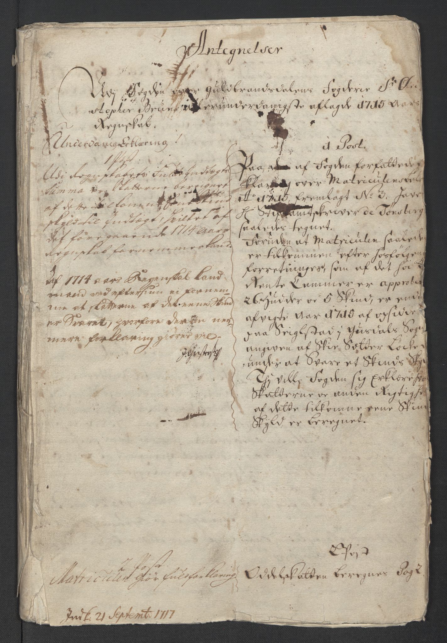 Rentekammeret inntil 1814, Reviderte regnskaper, Fogderegnskap, AV/RA-EA-4092/R17/L1185: Fogderegnskap Gudbrandsdal, 1715, p. 3