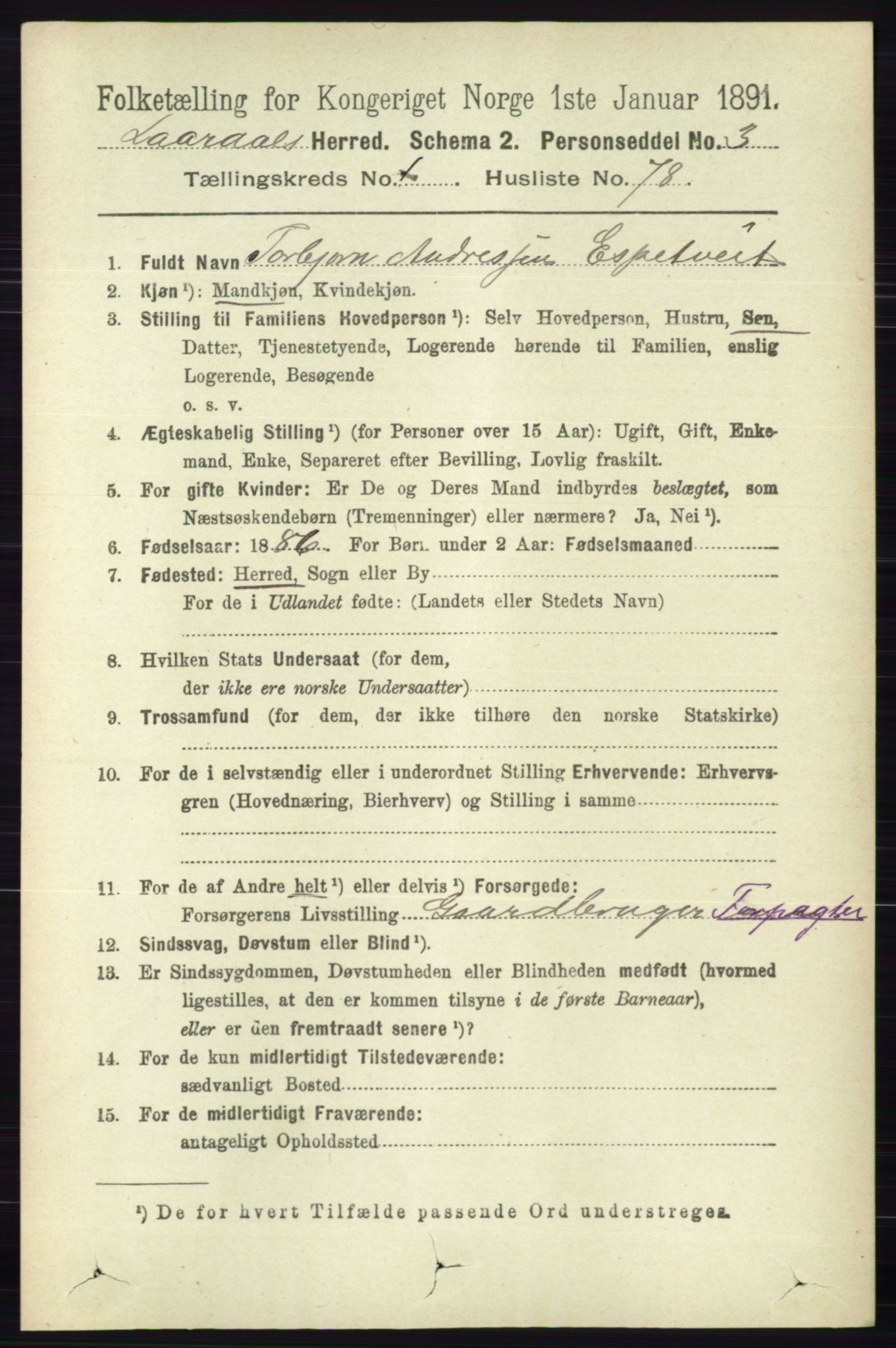 RA, 1891 census for 0833 Lårdal, 1891, p. 563