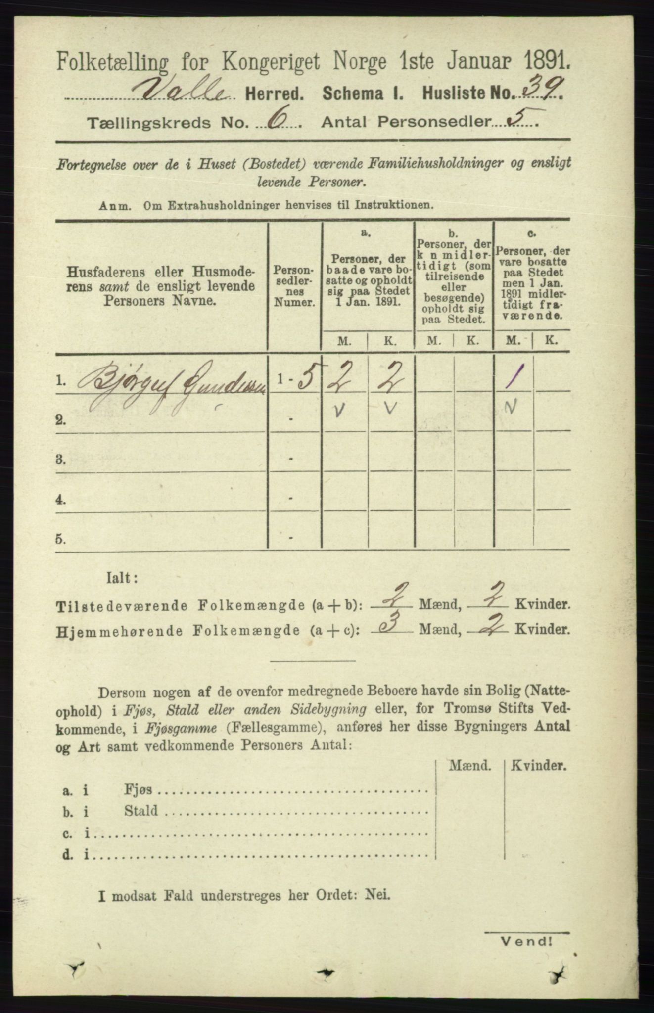 RA, 1891 census for 0940 Valle, 1891, p. 1674