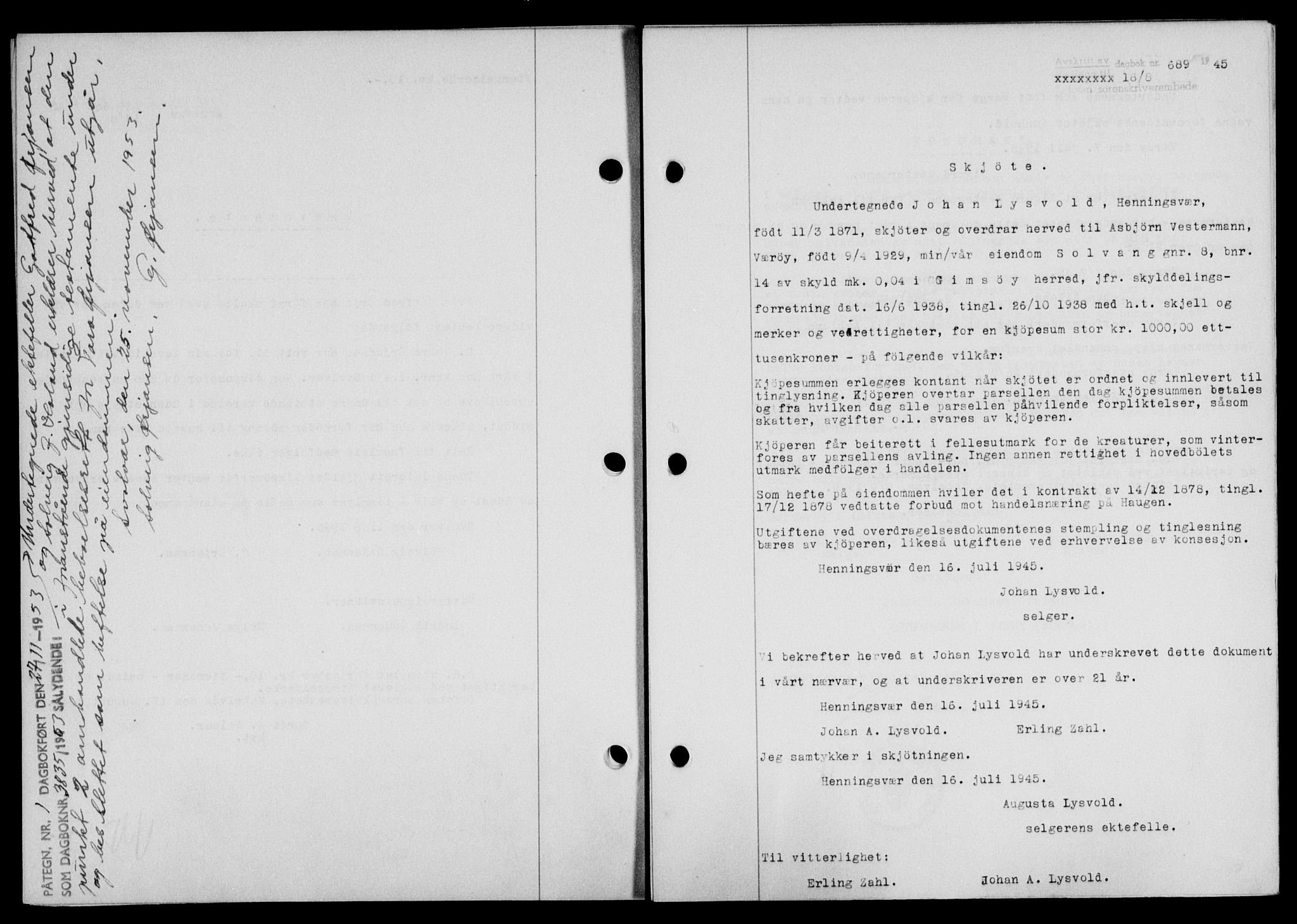 Lofoten sorenskriveri, SAT/A-0017/1/2/2C/L0013a: Mortgage book no. 13a, 1944-1946, Diary no: : 689/1945