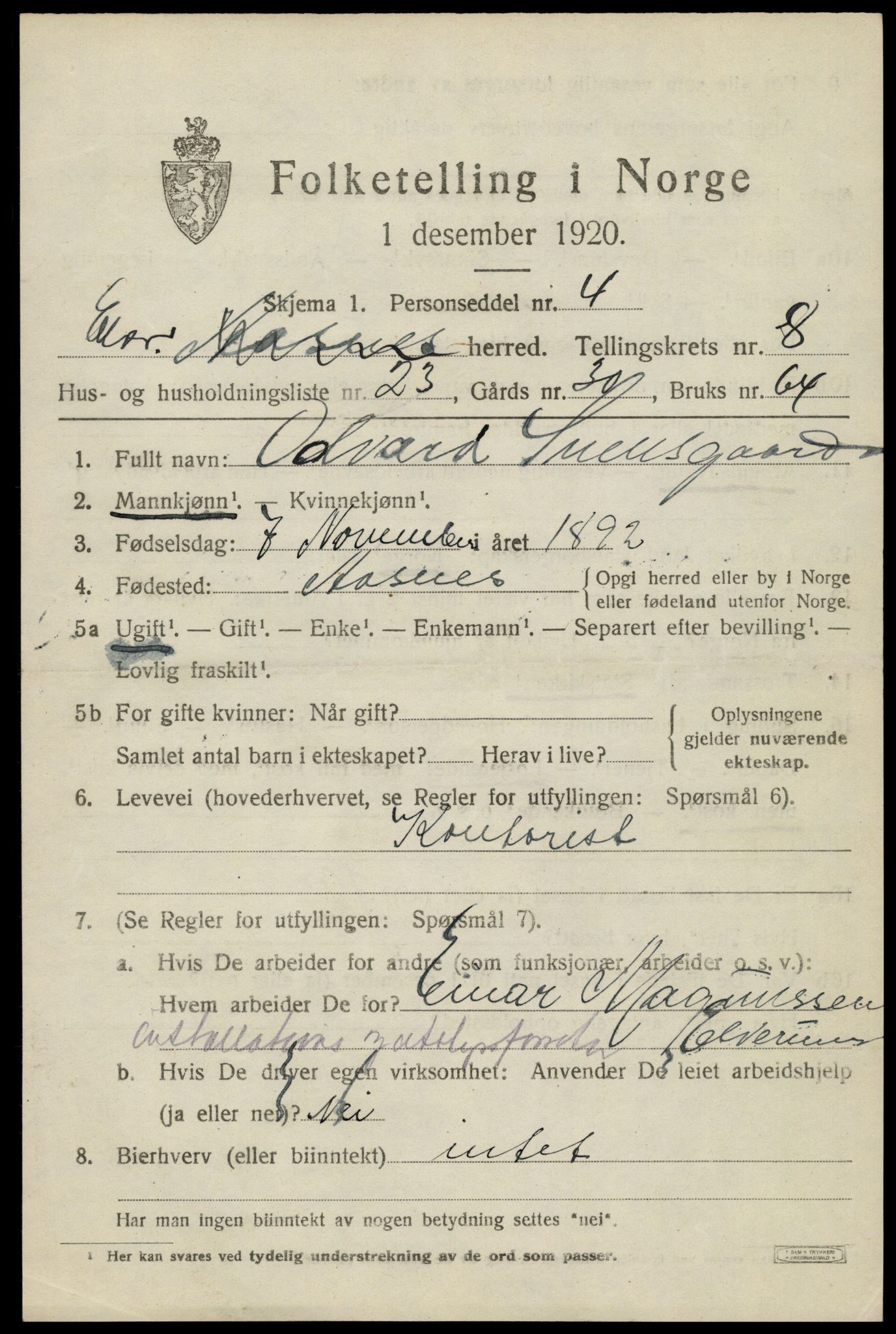 SAH, 1920 census for Elverum, 1920, p. 13558