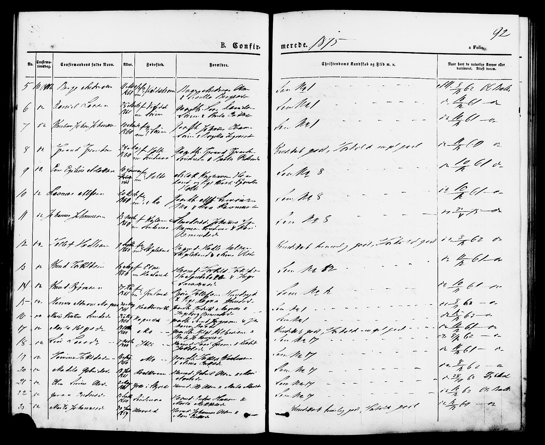 Vikedal sokneprestkontor, AV/SAST-A-101840/01/IV: Parish register (official) no. A 7, 1868-1883, p. 92