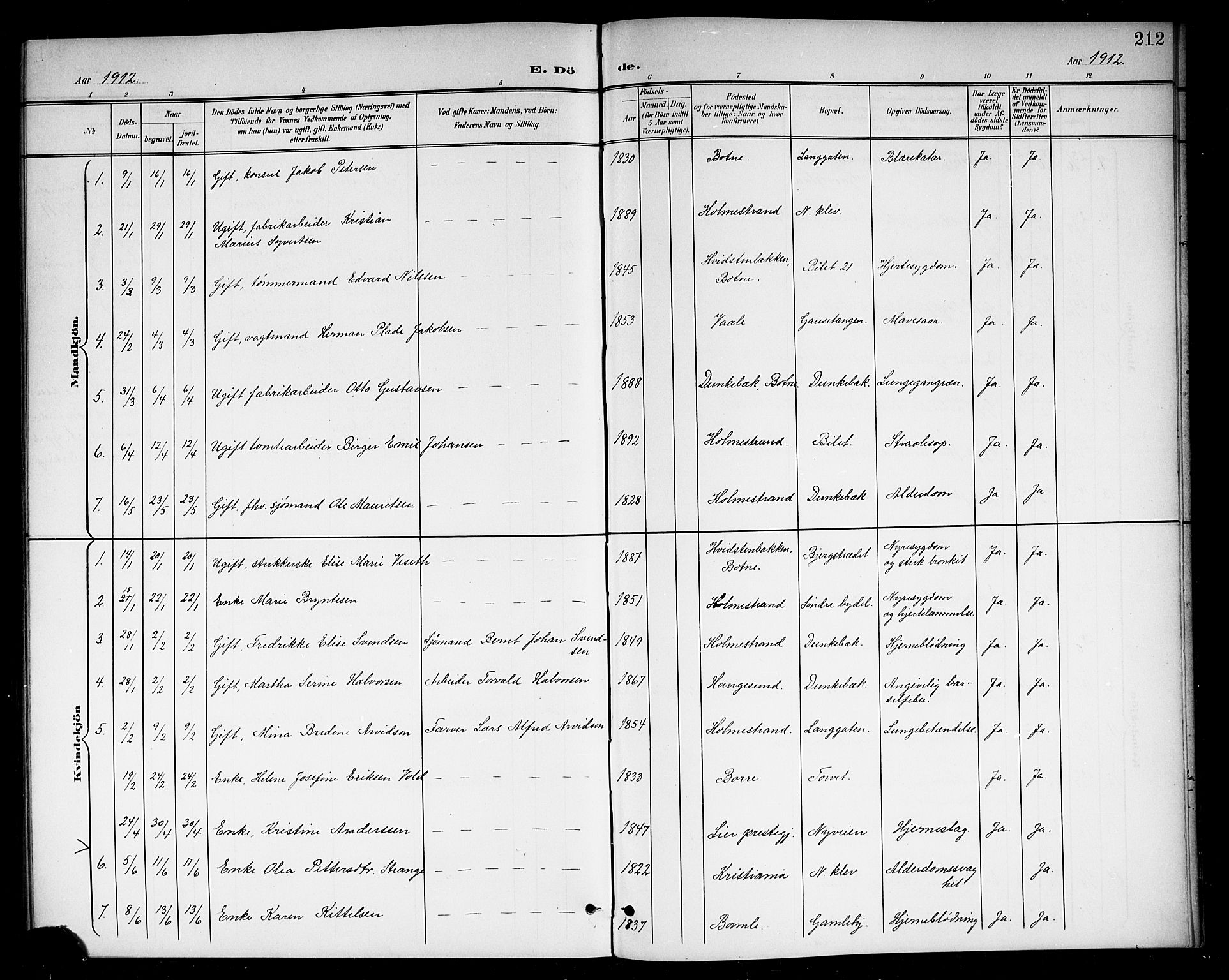 Holmestrand kirkebøker, AV/SAKO-A-346/G/Ga/L0006: Parish register (copy) no. 6, 1901-1923, p. 212