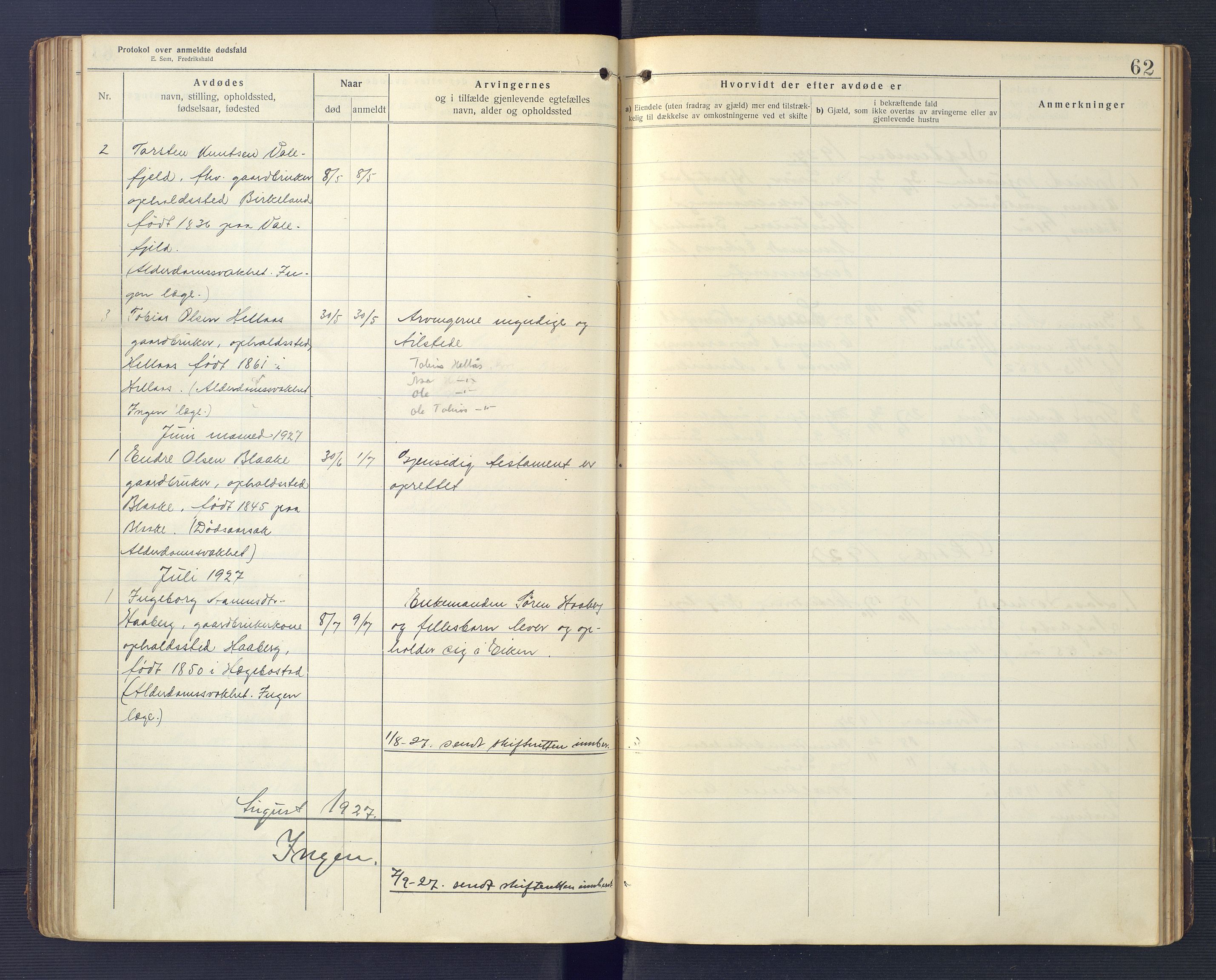 Hægebostad og Eiken lensmannskontor, AV/SAK-1241-0023/F/Fe/L0002: Dødsfallsprotokoll nr 34, 1917-1932, p. 62