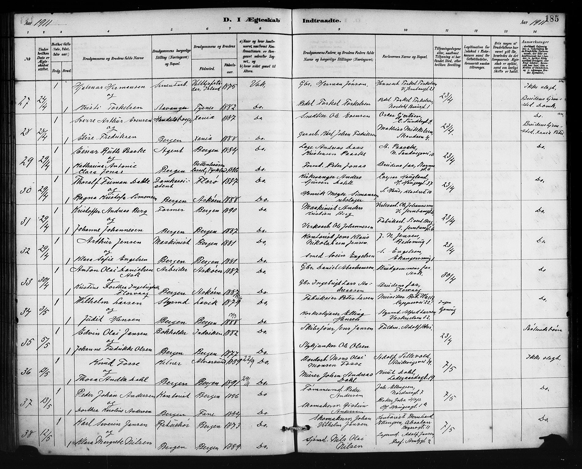 Johanneskirken sokneprestembete, AV/SAB-A-76001/H/Hab: Parish register (copy) no. C 1, 1885-1912, p. 185