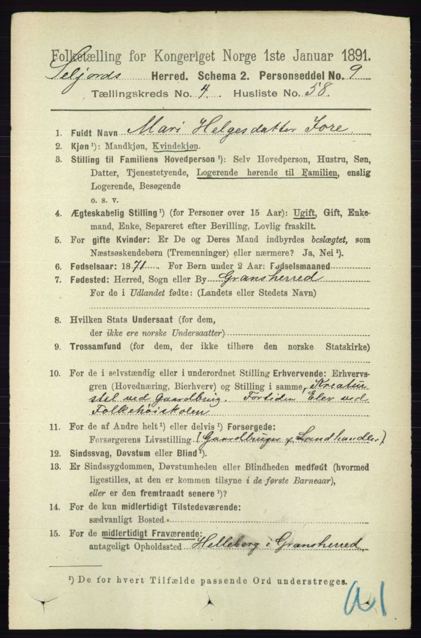 RA, 1891 census for 0828 Seljord, 1891, p. 1621