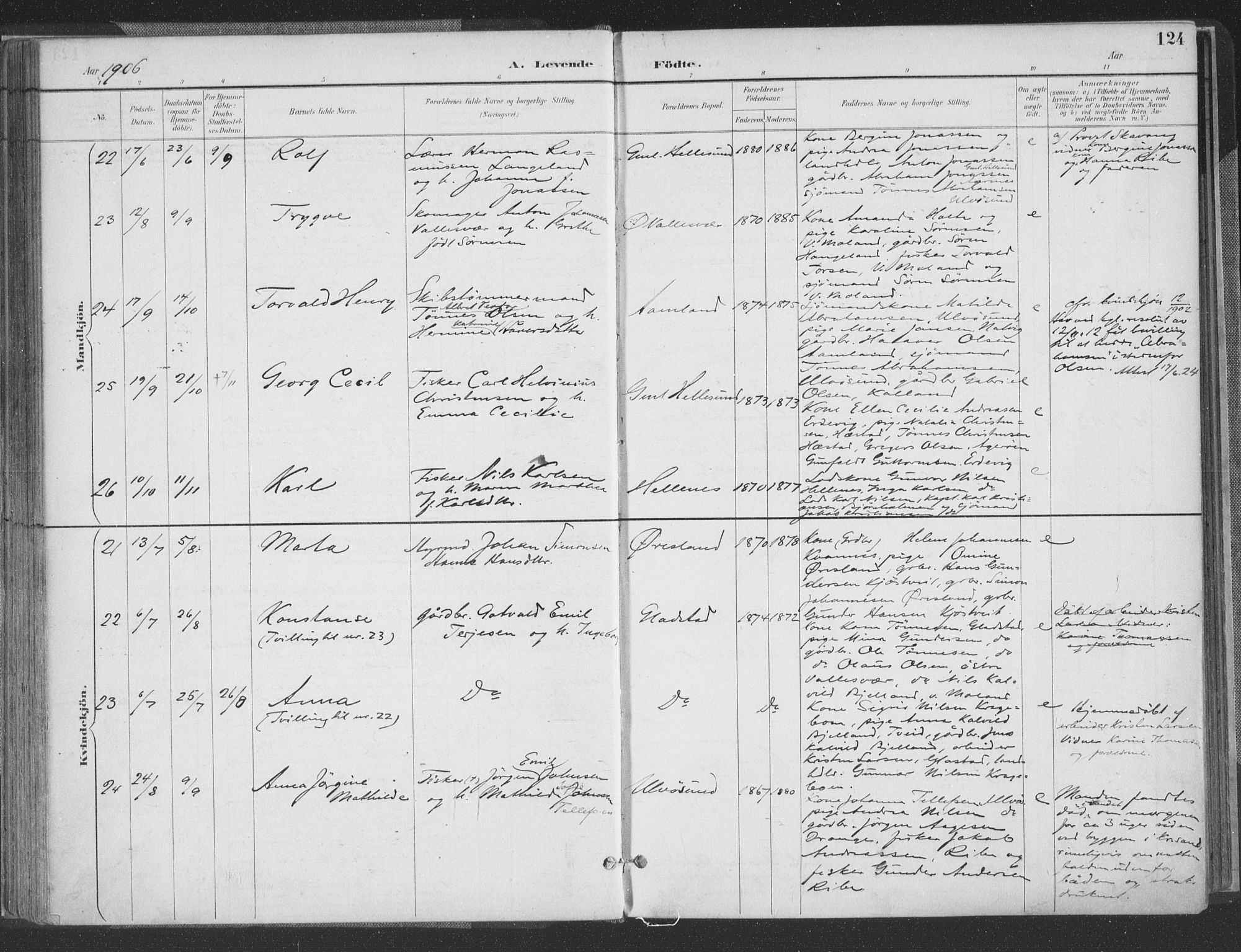 Høvåg sokneprestkontor, AV/SAK-1111-0025/F/Fa/L0006: Parish register (official) no. A 6, 1894-1923, p. 124