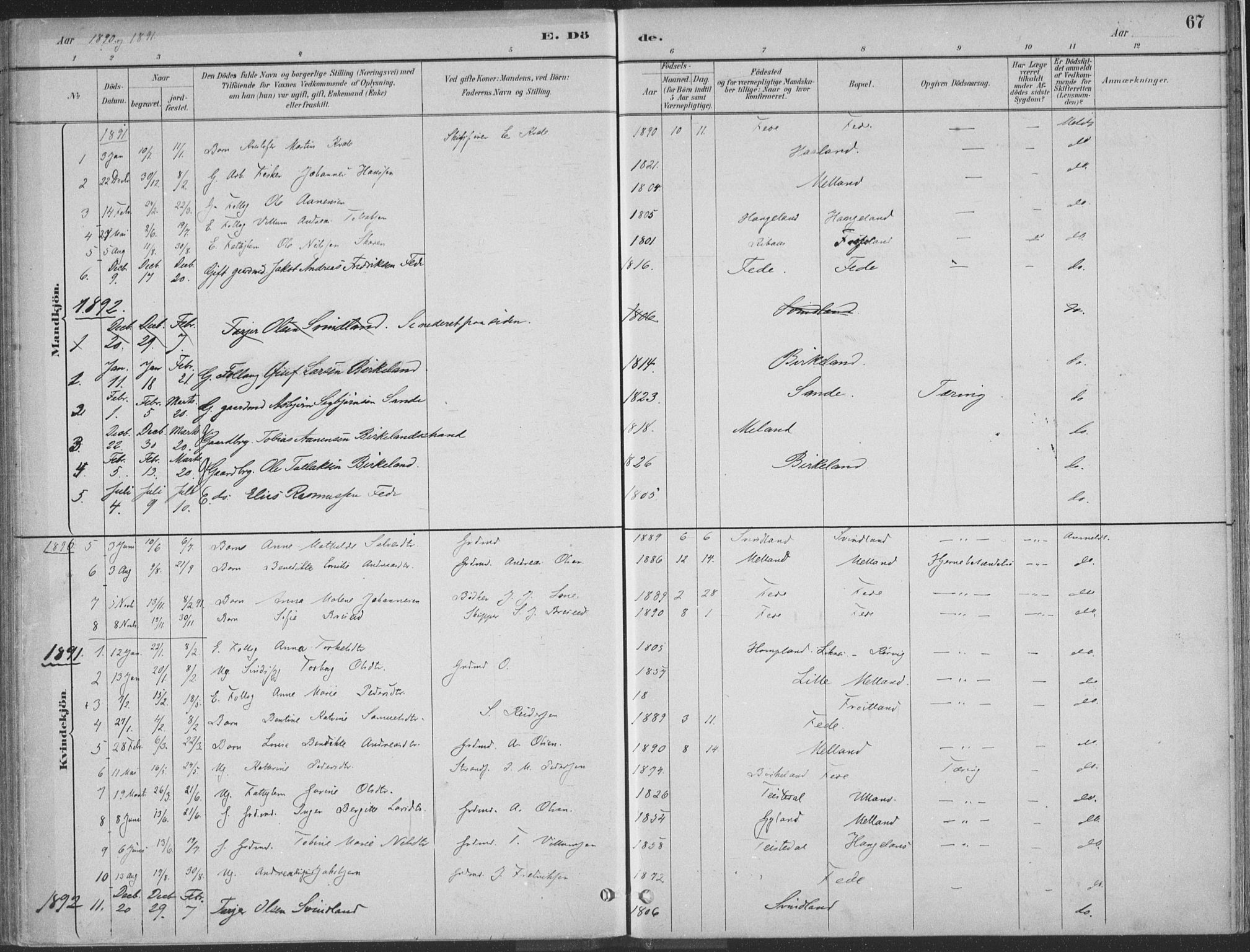 Kvinesdal sokneprestkontor, SAK/1111-0026/F/Fa/Faa/L0004: Parish register (official) no. A 4, 1882-1897, p. 67