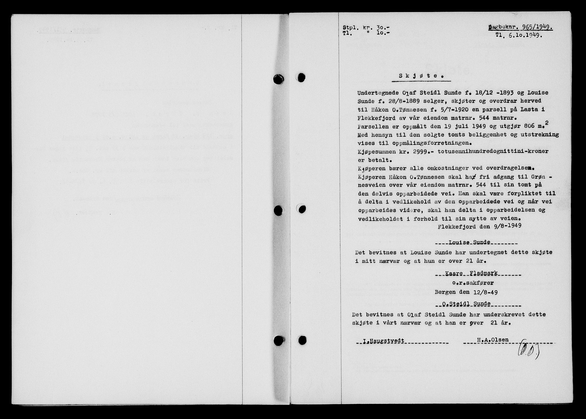 Flekkefjord sorenskriveri, SAK/1221-0001/G/Gb/Gba/L0065: Mortgage book no. A-13, 1949-1949, Diary no: : 965/1949