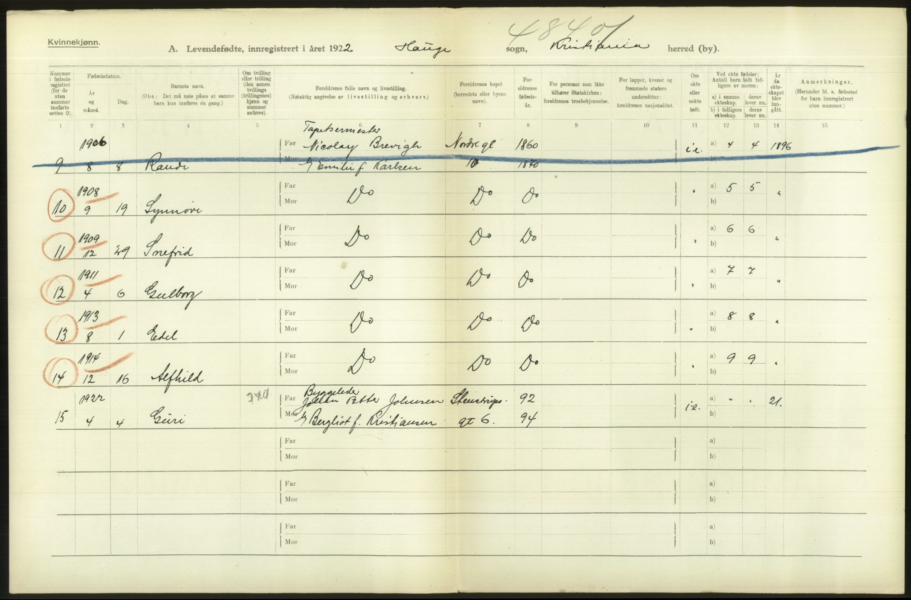 Statistisk sentralbyrå, Sosiodemografiske emner, Befolkning, AV/RA-S-2228/D/Df/Dfc/Dfcb/L0006: Kristiania: Levendefødte menn og kvinner., 1922, p. 134