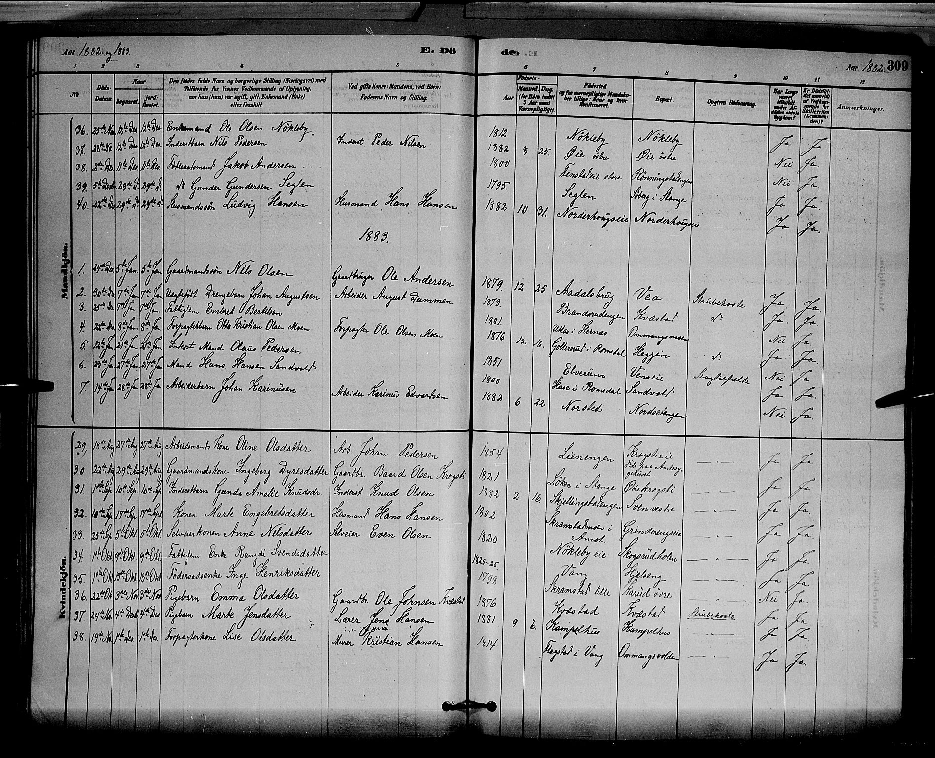 Løten prestekontor, SAH/PREST-022/L/La/L0005: Parish register (copy) no. 5, 1878-1891, p. 309