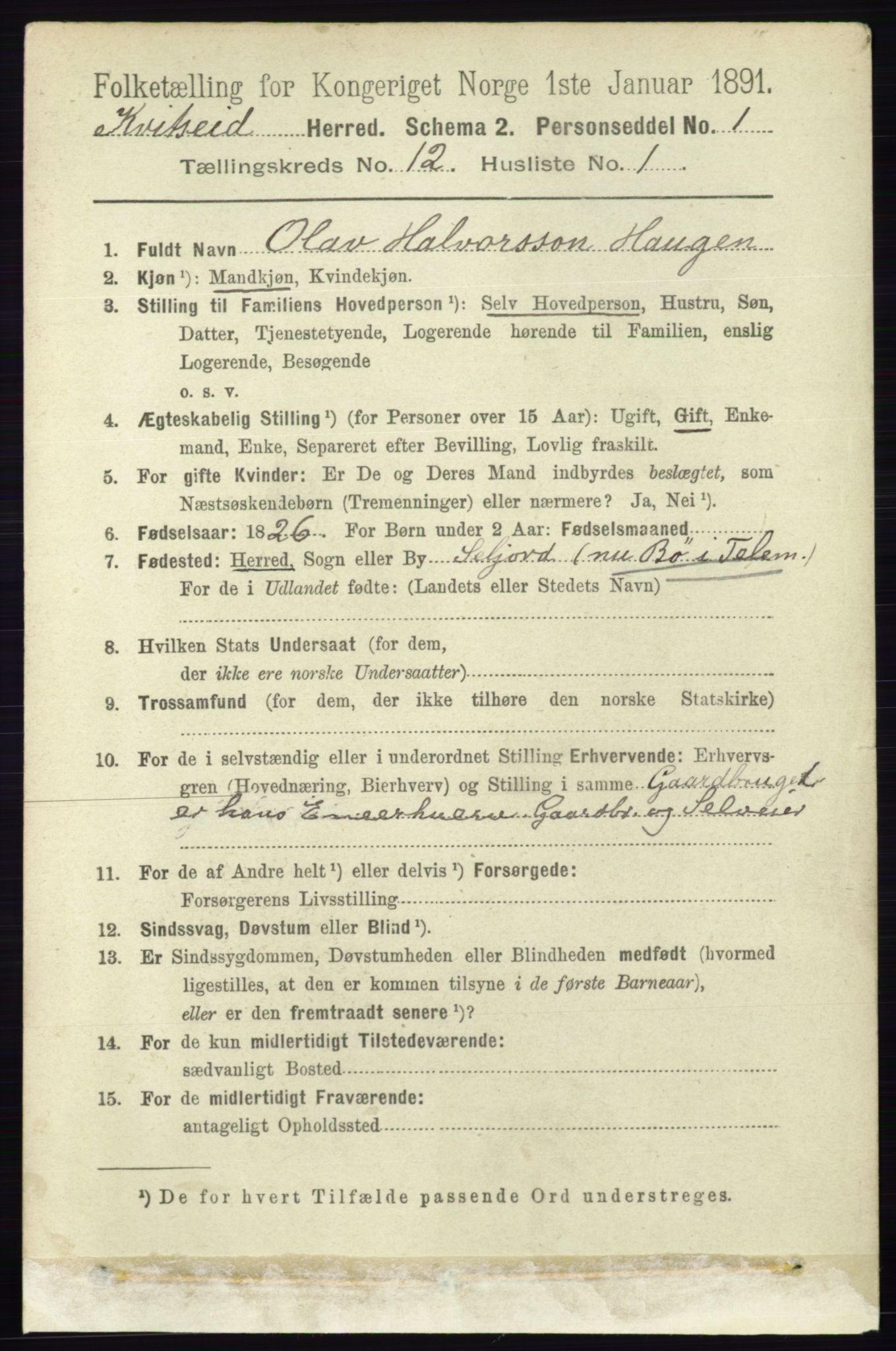 RA, 1891 census for 0829 Kviteseid, 1891, p. 2842