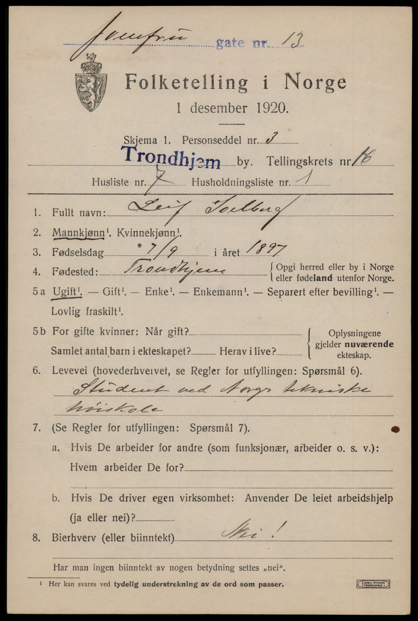 SAT, 1920 census for Trondheim, 1920, p. 54226