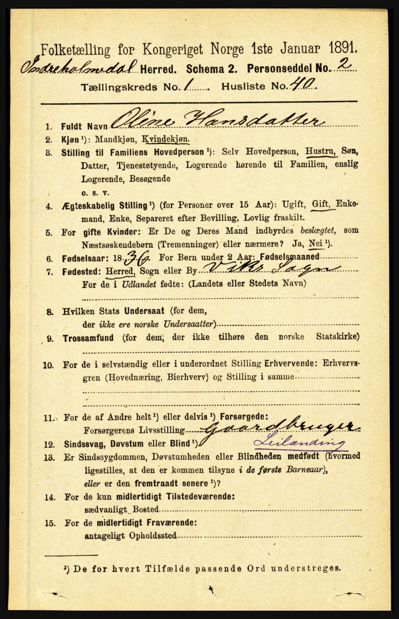 RA, 1891 census for 1430 Indre Holmedal, 1891, p. 370