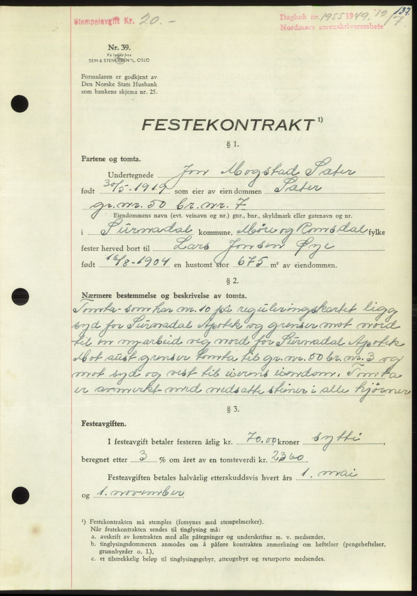 Nordmøre sorenskriveri, AV/SAT-A-4132/1/2/2Ca: Mortgage book no. B102, 1949-1949, Diary no: : 1955/1949