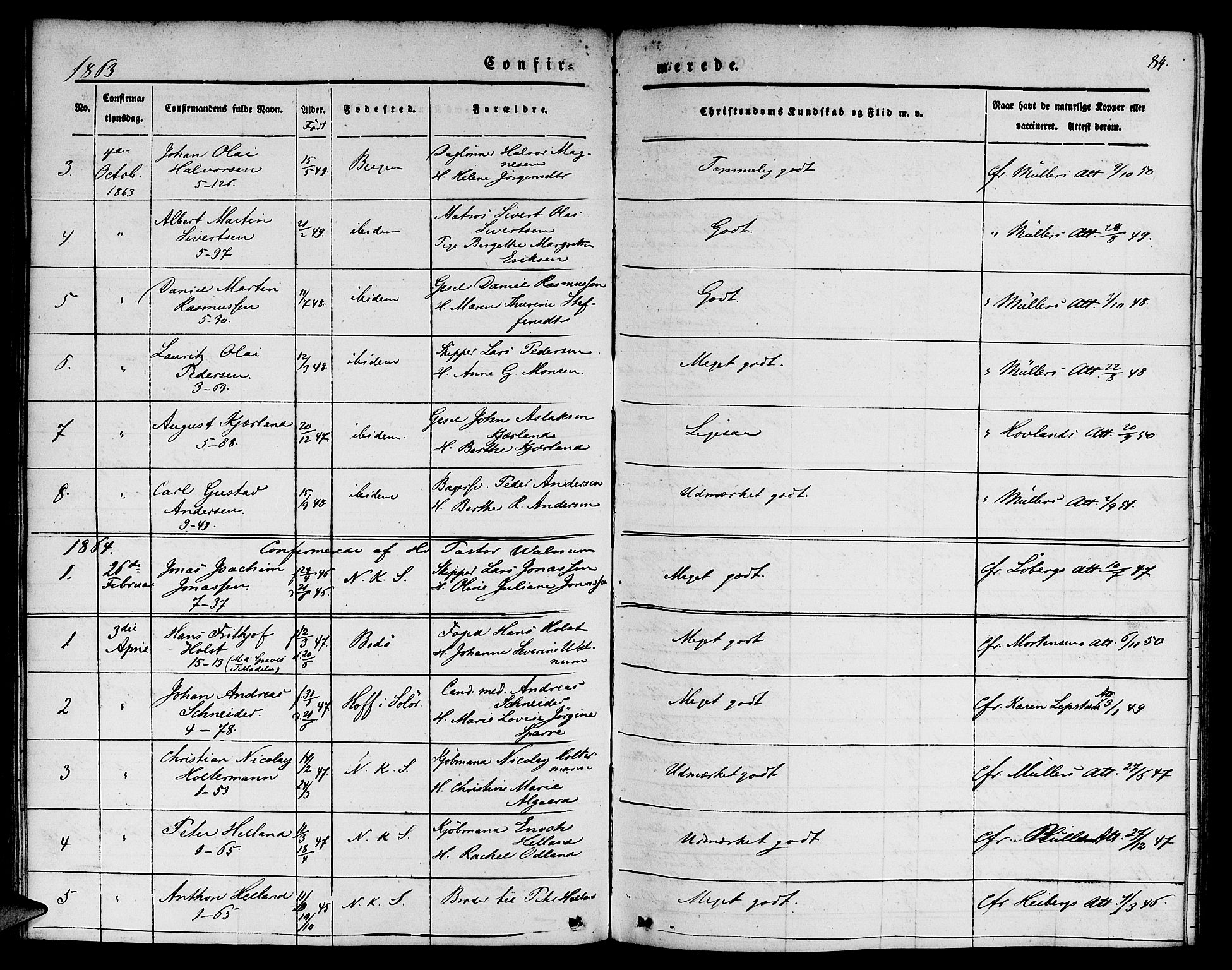 Nykirken Sokneprestembete, SAB/A-77101/H/Hab: Parish register (copy) no. C 1, 1844-1871, p. 84