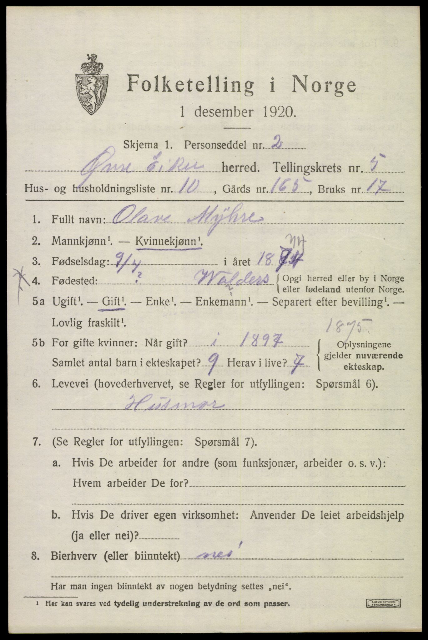 SAKO, 1920 census for Øvre Eiker, 1920, p. 12124