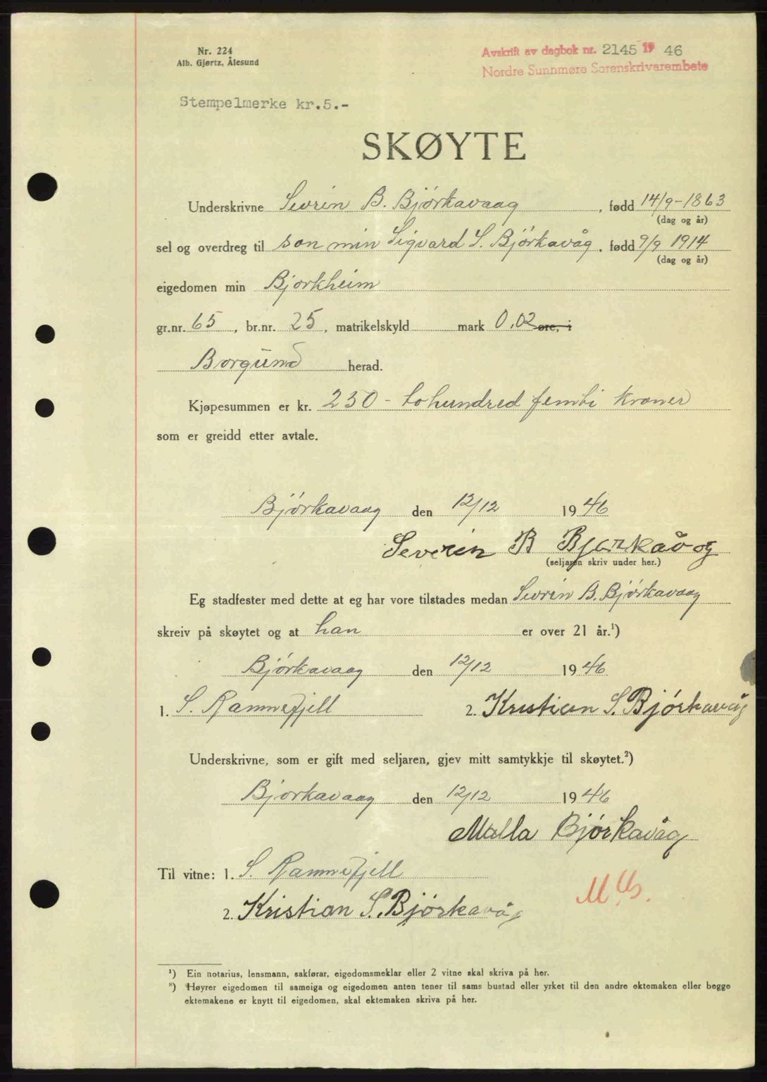 Nordre Sunnmøre sorenskriveri, AV/SAT-A-0006/1/2/2C/2Ca: Mortgage book no. A23, 1946-1947, Diary no: : 2145/1946