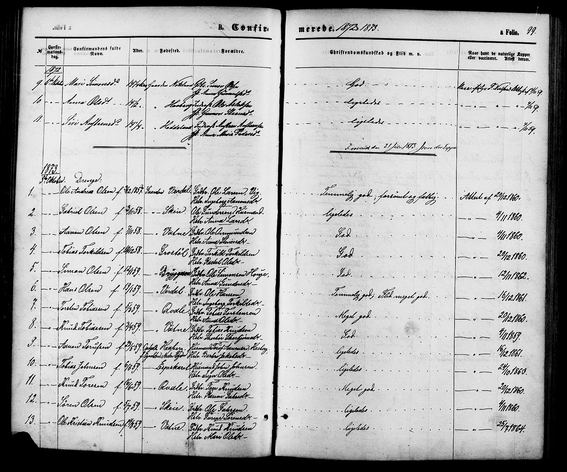 Hægebostad sokneprestkontor, SAK/1111-0024/F/Fa/Fab/L0003: Parish register (official) no. A 3, 1872-1886, p. 99