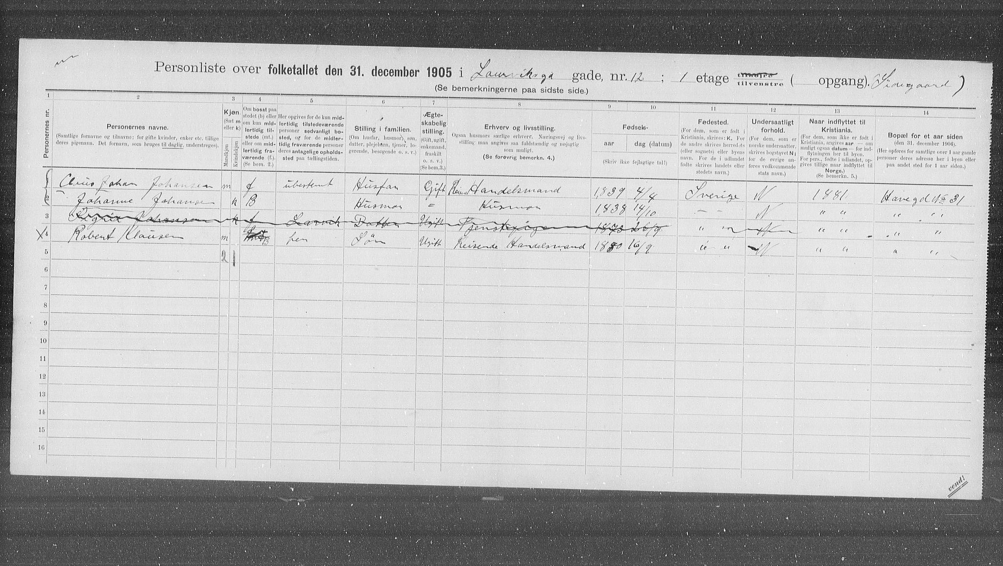 OBA, Municipal Census 1905 for Kristiania, 1905, p. 30015