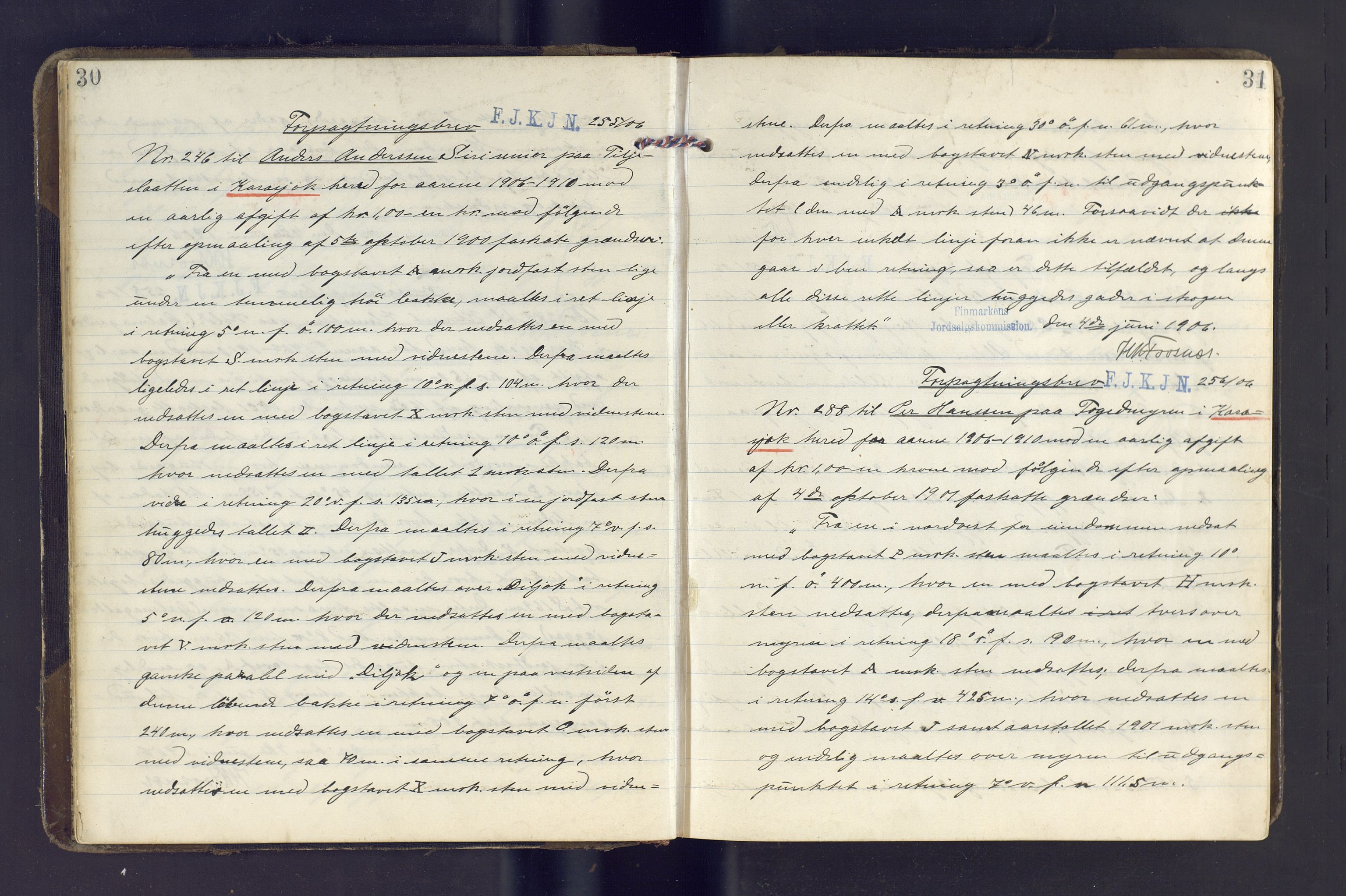 Finnmark jordsalgskommisjon/jordsalgskontor og Statskog SF Finnmark jordsalgskontor, AV/SATØ-S-1443/J/Ja/L0003: Kopibok for forpaktningsbrev for Finnmark, 1906-1910, p. 30-31