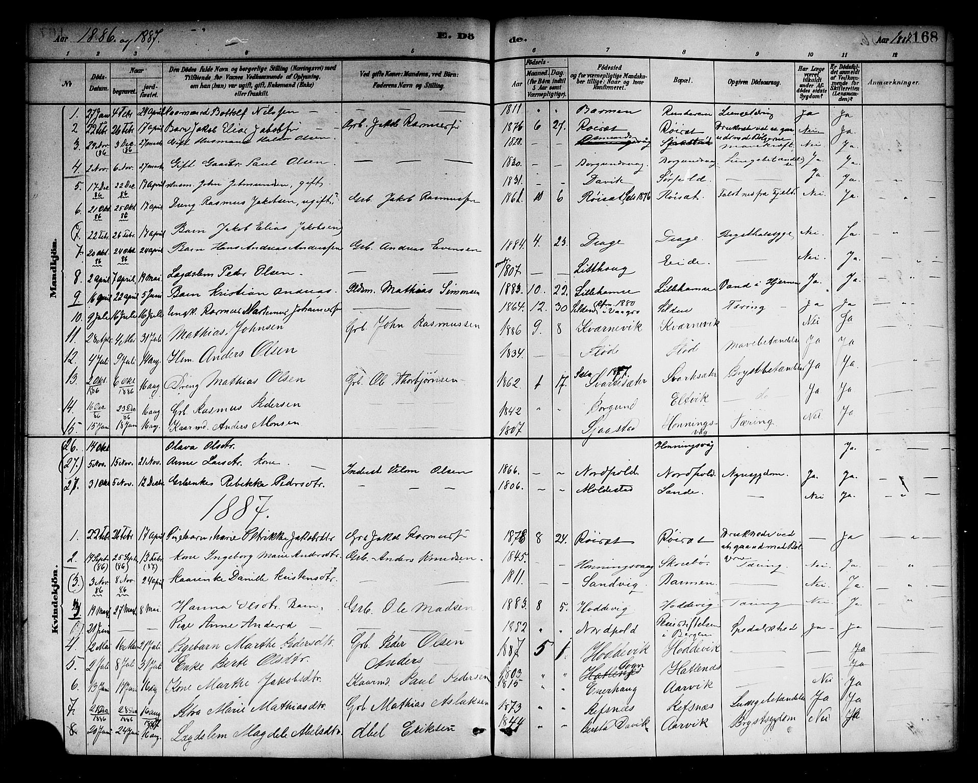 Selje sokneprestembete, SAB/A-99938/H/Ha/Haa/Haab: Parish register (official) no. B 1, 1881-1890, p. 168